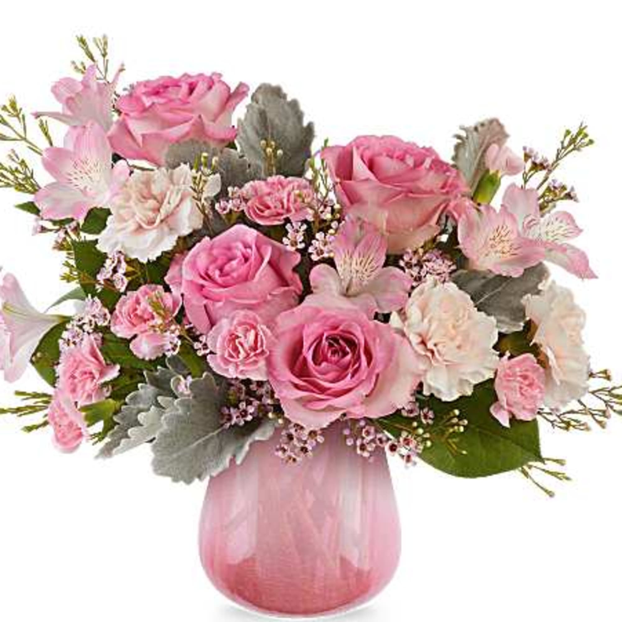 Pink roses and carnations arranged in a pink glass vase