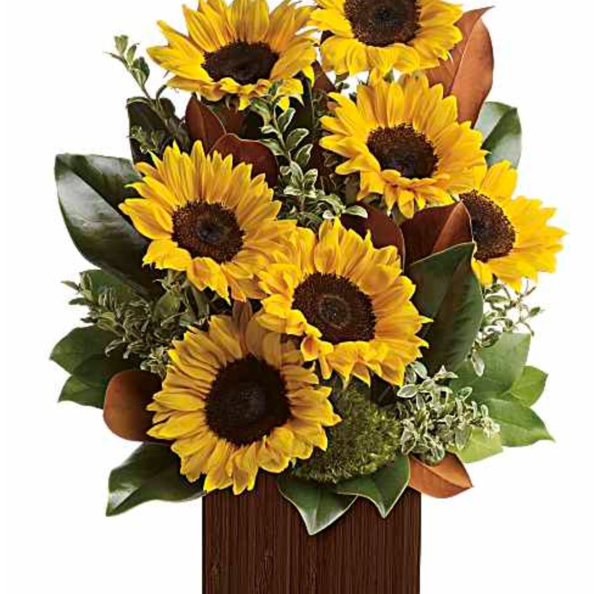 Bouquet of yellow sunflowers with dark centers and mixed greenery in a wooden container