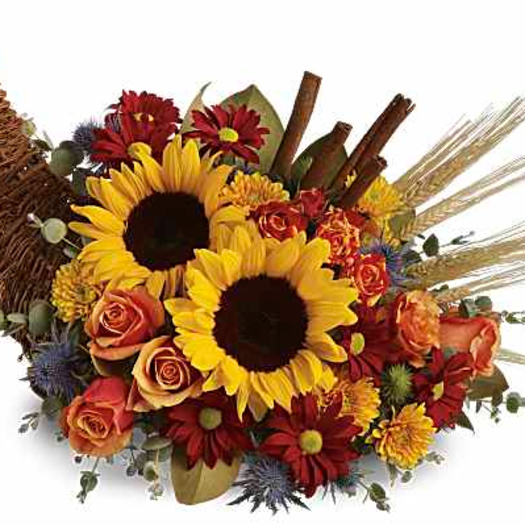 Sunflower and rose arrangement with wheat and a woven cornucopia horn