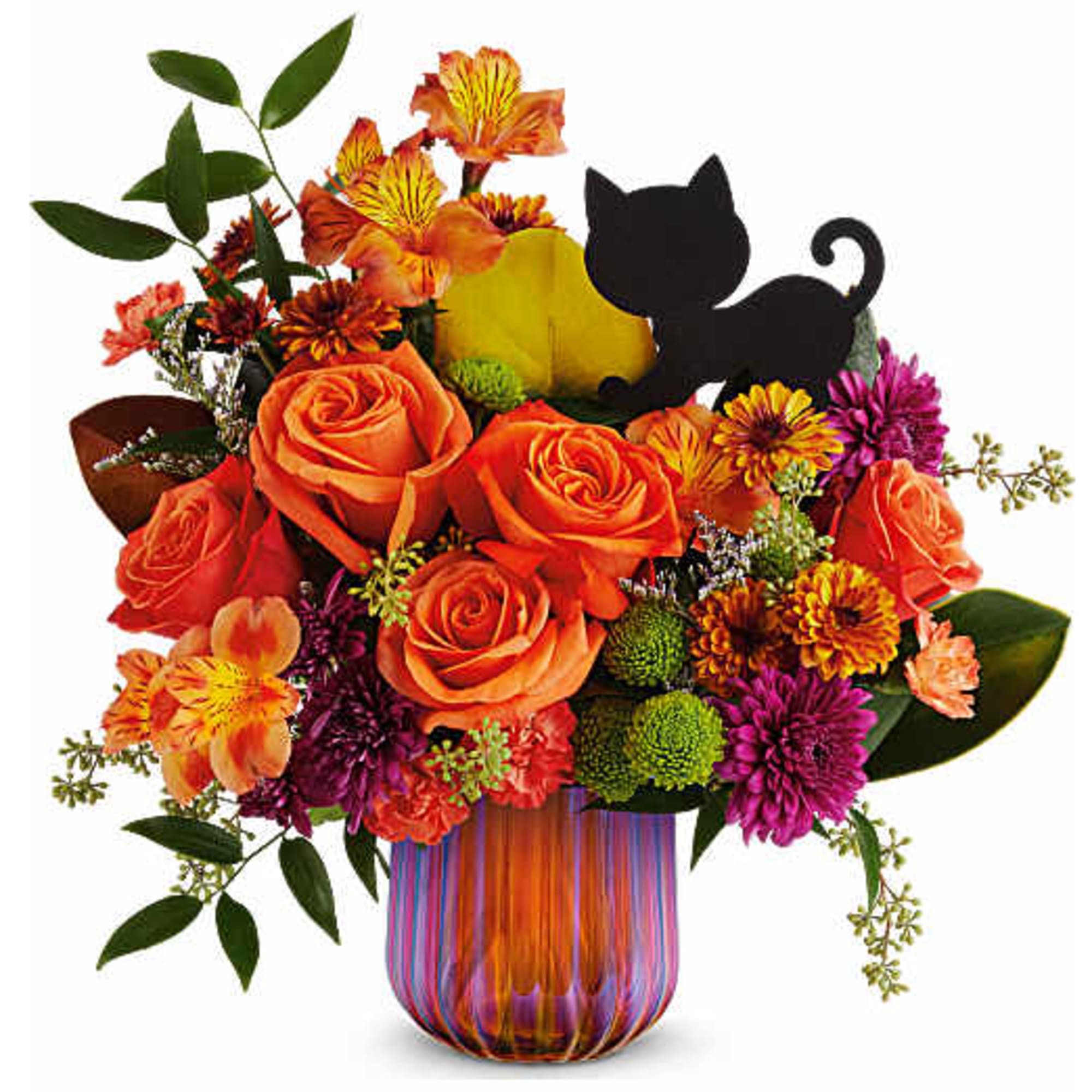 Orange and purple mixed bouquet in a striped glass vase with a black cat pick