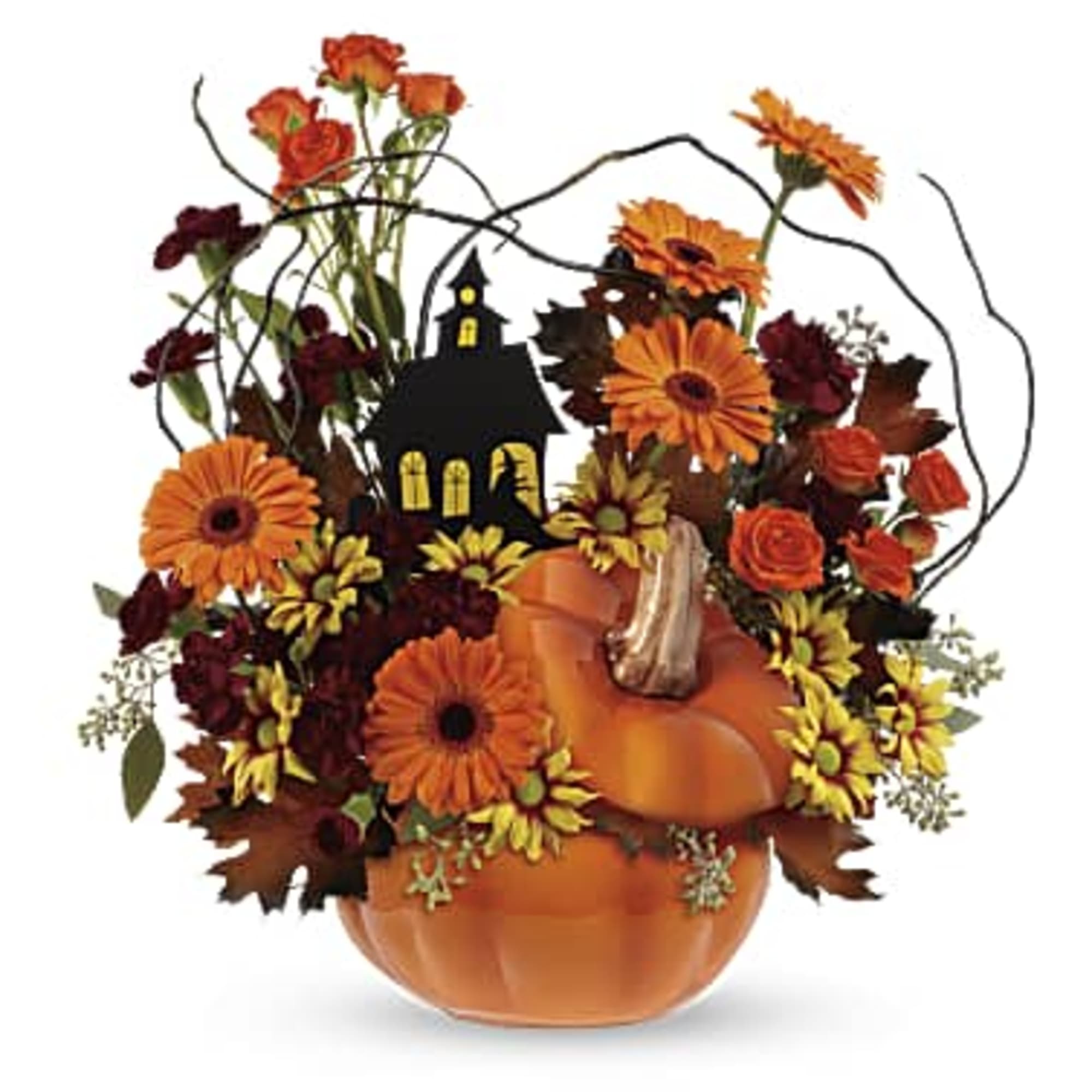 Pumpkin-shaped floral arrangement with orange and burgundy flowers and a black haunted house pick