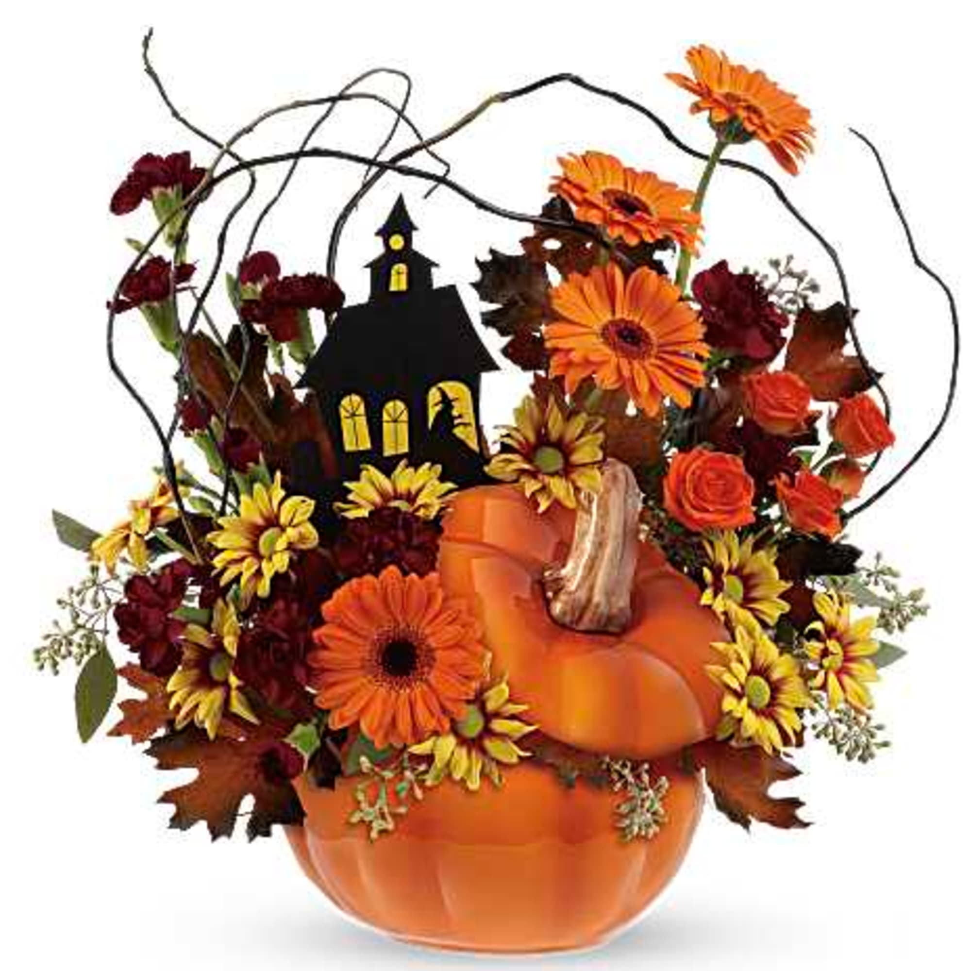 Halloween floral arrangement in a pumpkin container with orange and burgundy flowers