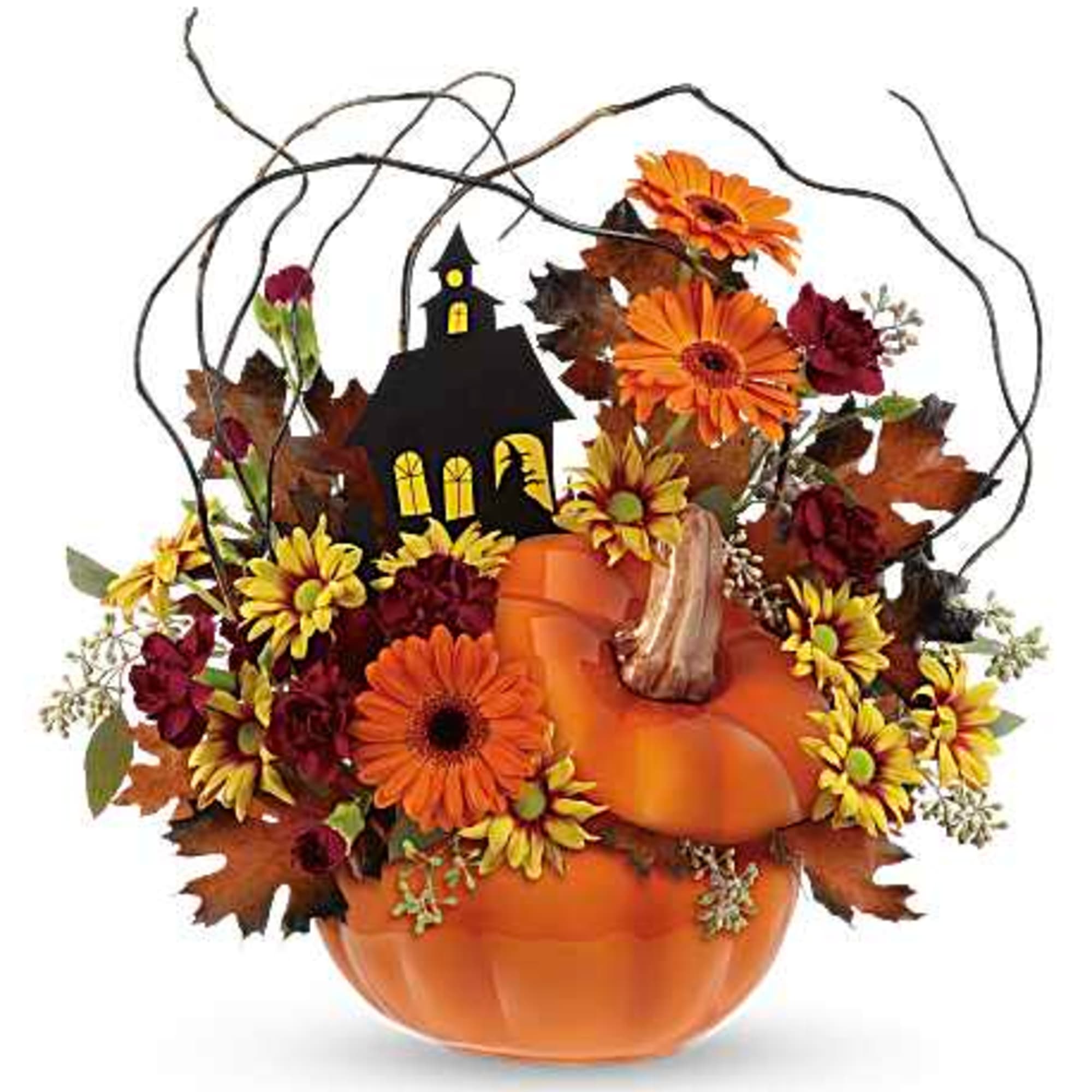 Pumpkin-shaped floral arrangement with orange and burgundy flowers and a small haunted house pick