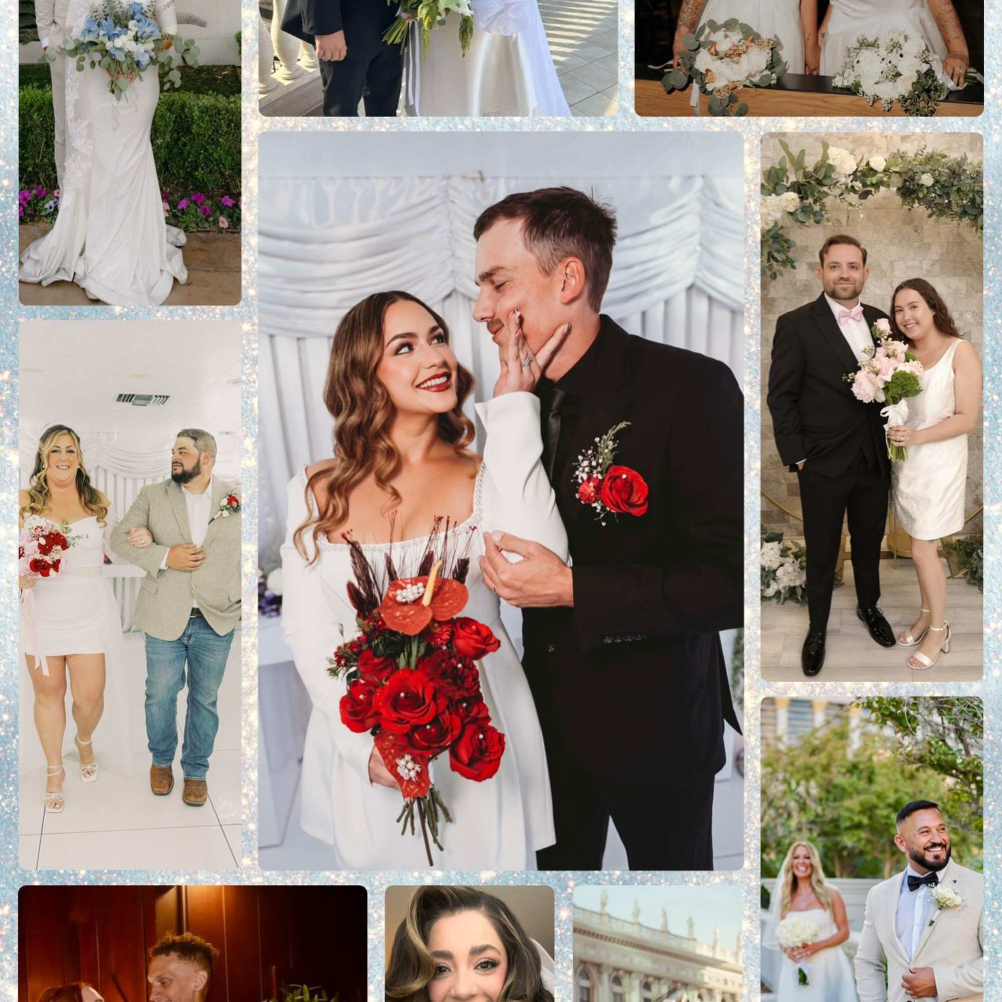 Collage of wedding couples holding bouquets and wearing boutonnieres.