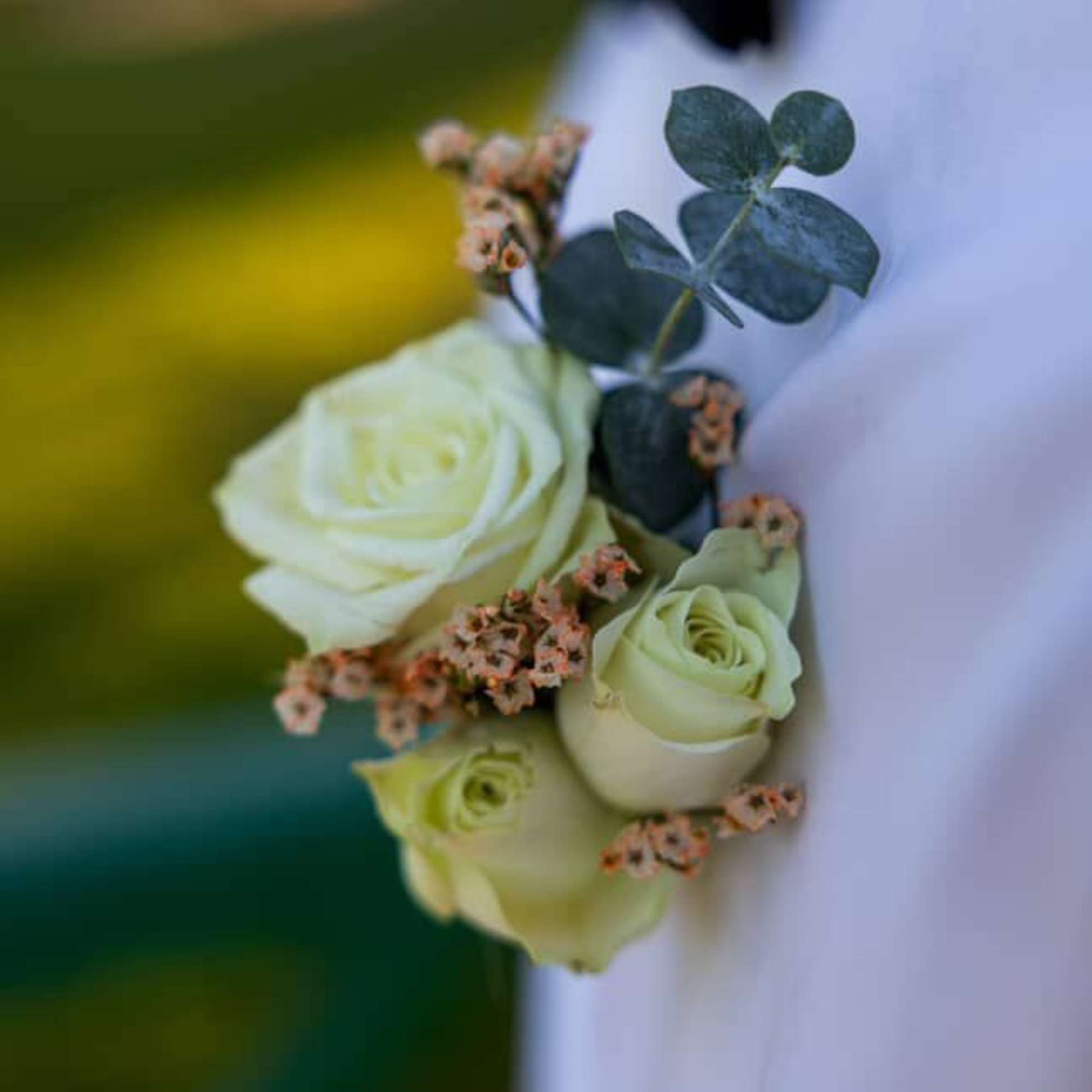 White rose boutonniere with small pink filler flowers and eucalyptus