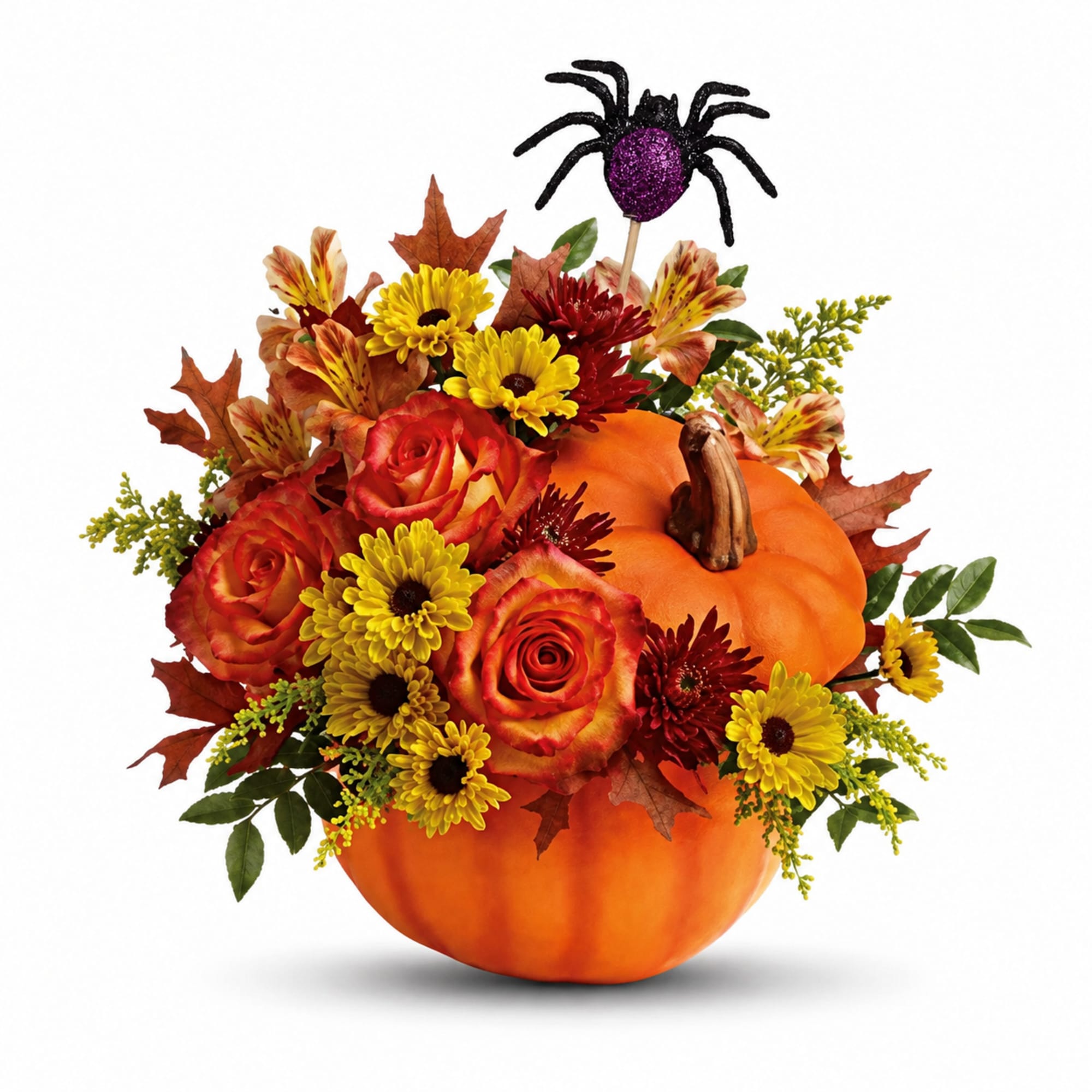 Pumpkin arrangement with orange roses, yellow daisies, and a glittery spider topper