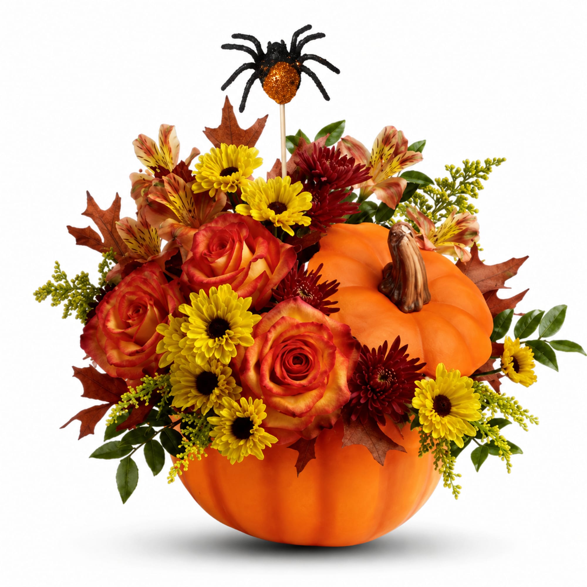 Pumpkin-shaped floral arrangement with roses, daisies, and a spider topper