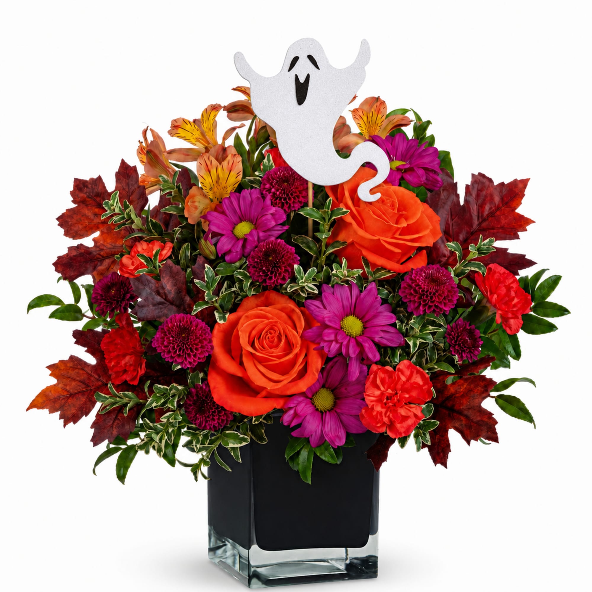 Halloween bouquet with a ghost pick in a black vase