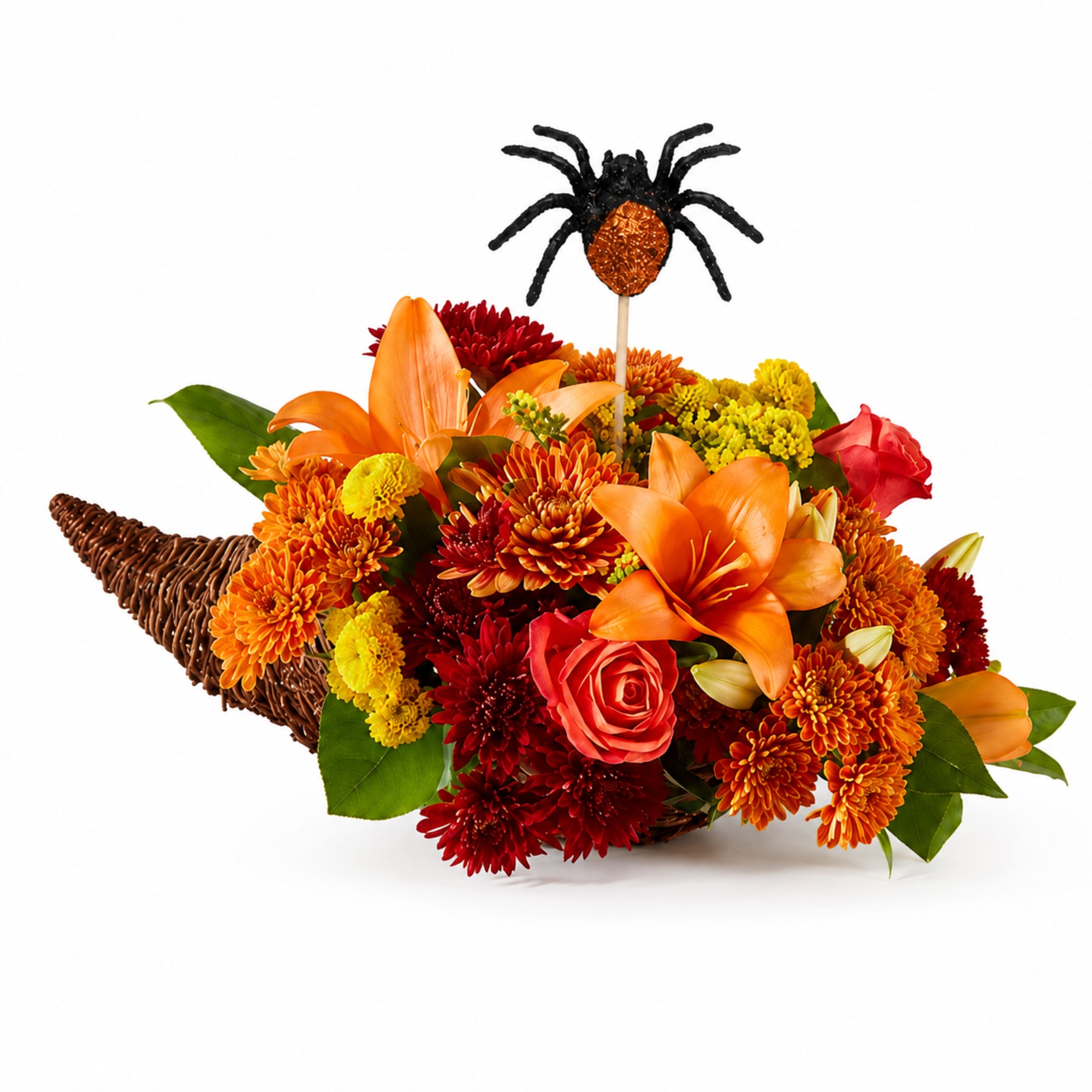 Orange and red flower arrangement in a wicker cornucopia with a spider pick