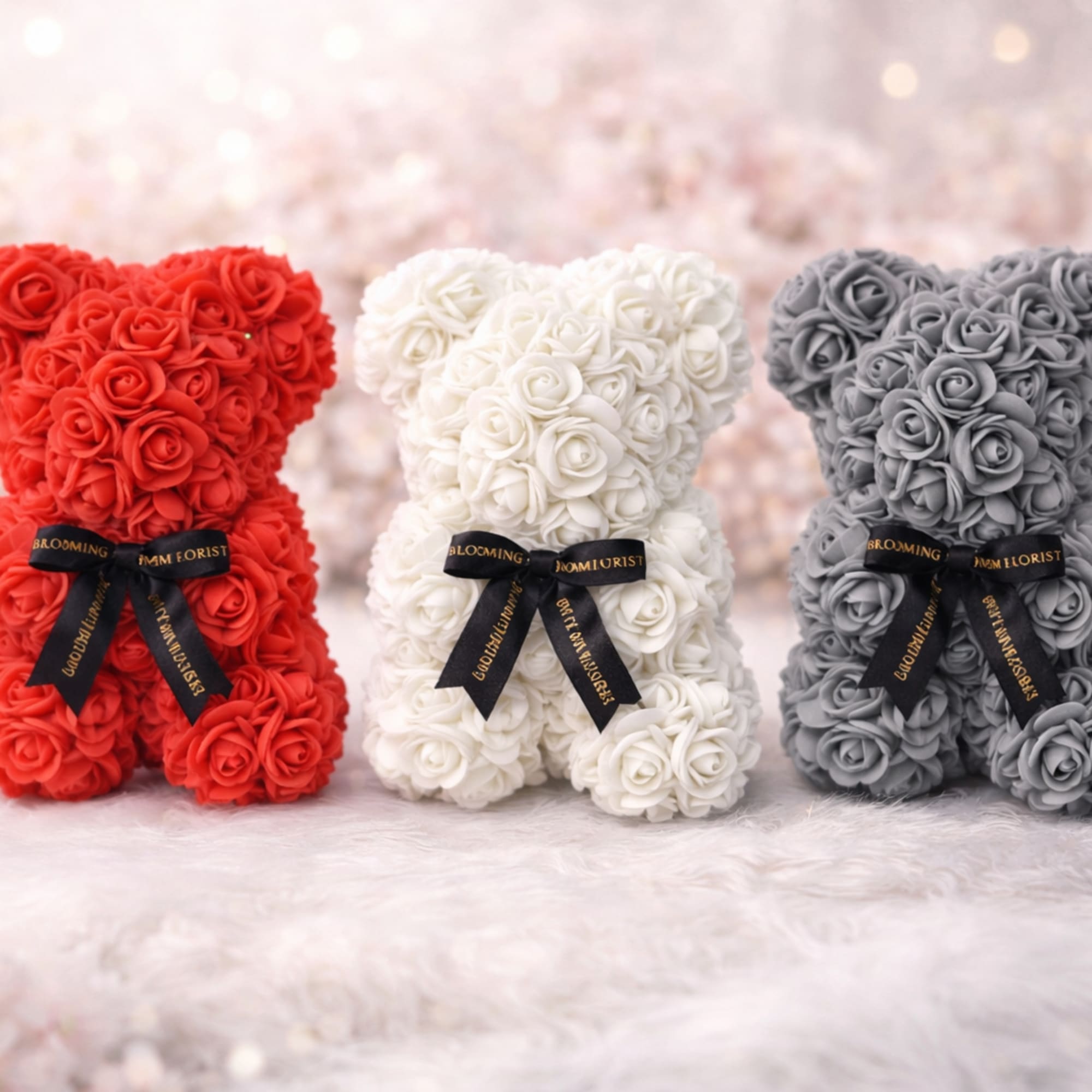 Three rose-covered teddy bears in red, white, and gray with black ribbons