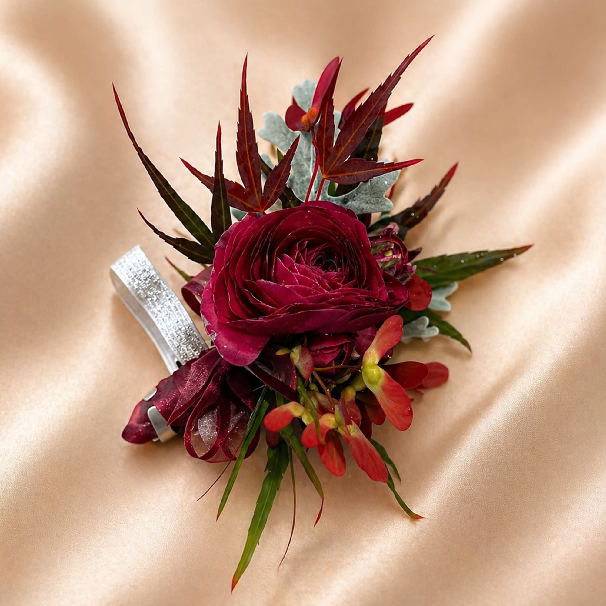 A custom-designed wrist corsage created to complement your chosen color palette. Whether