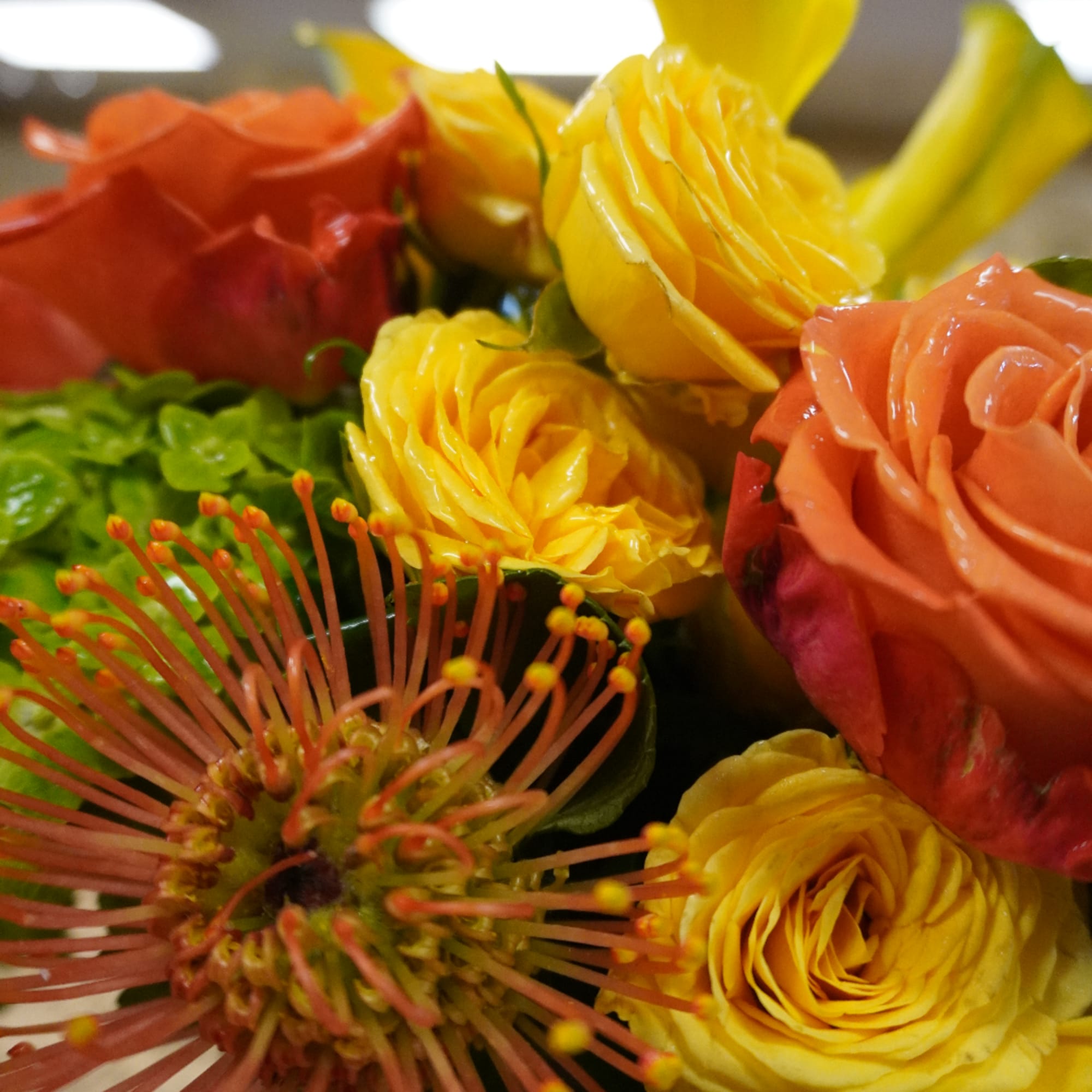 Close-up bouquet of yellow and orange roses with a spiky pink bloom