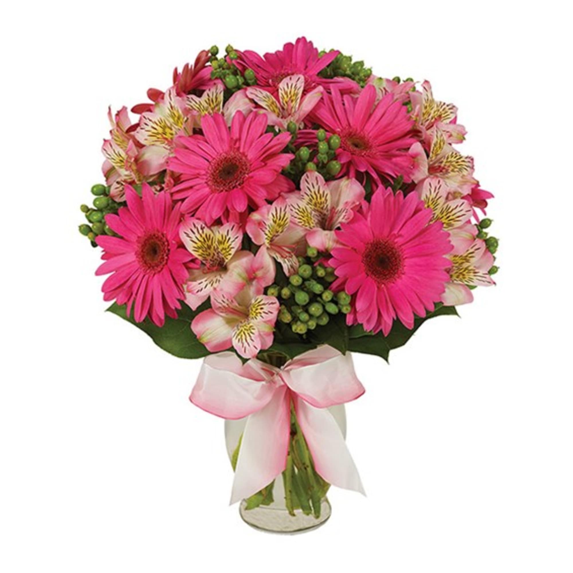 Pink gerbera daisies and alstroemeria in a glass vase with a pink ribbon