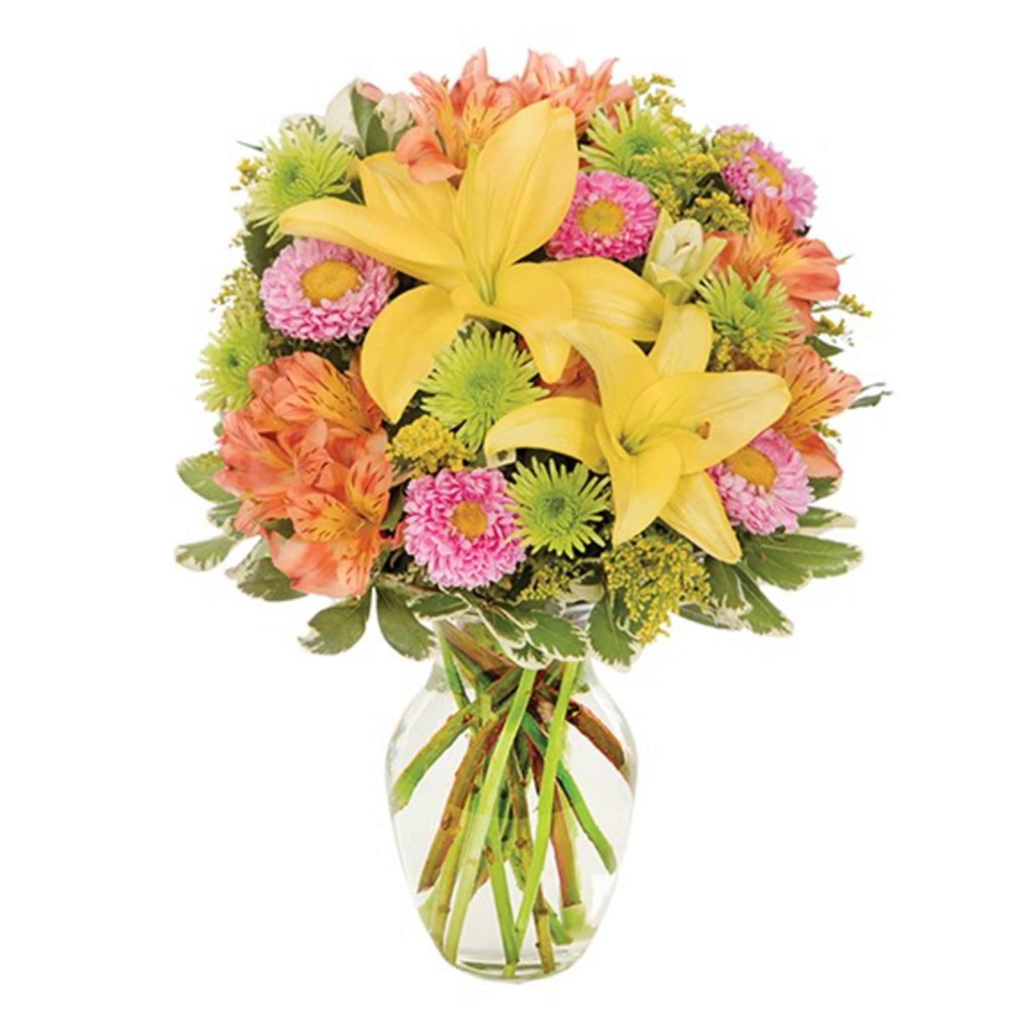 Mixed bouquet of yellow lilies, pink daisies, and orange flowers in a clear glass vase