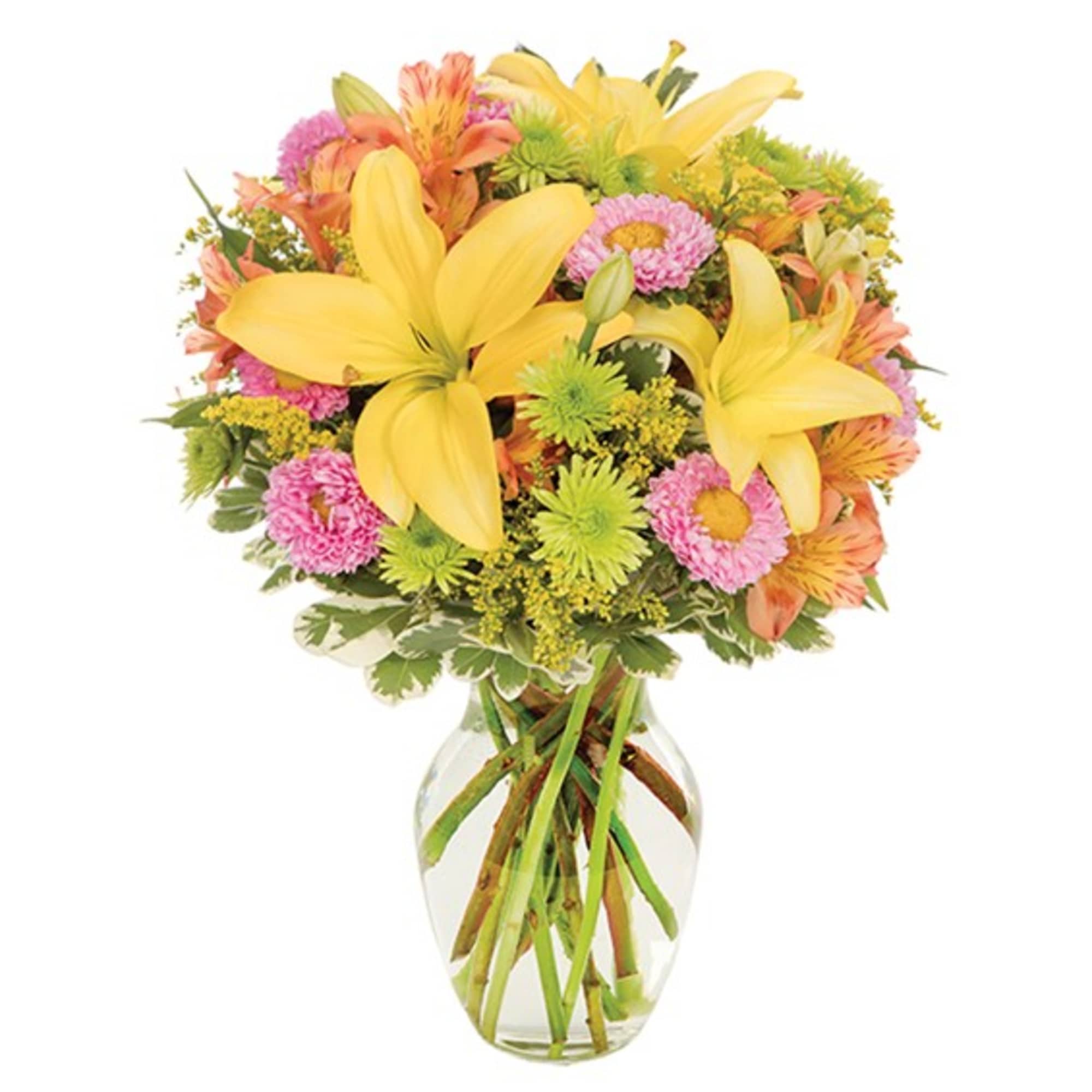 Bouquet of yellow lilies and pink flowers in a clear glass vase