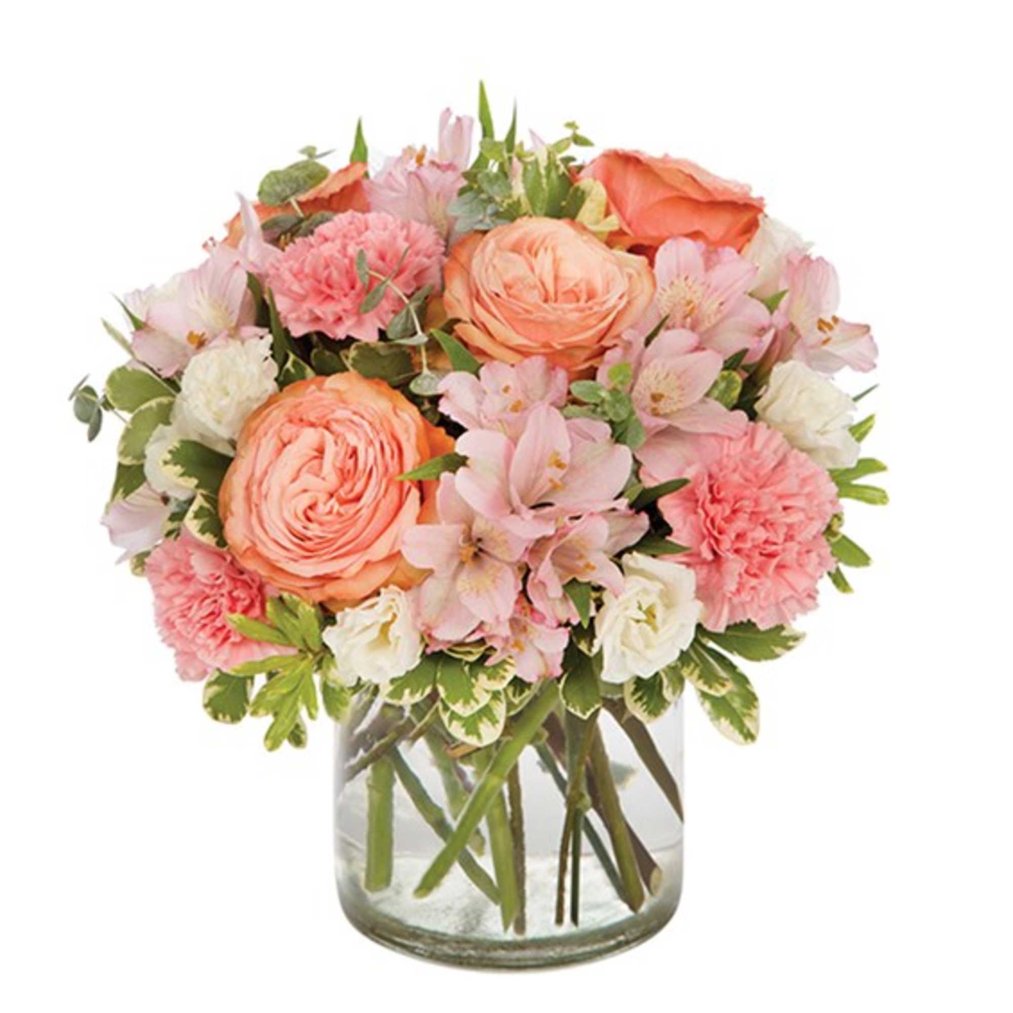 Pink and peach bouquet in a clear glass vase