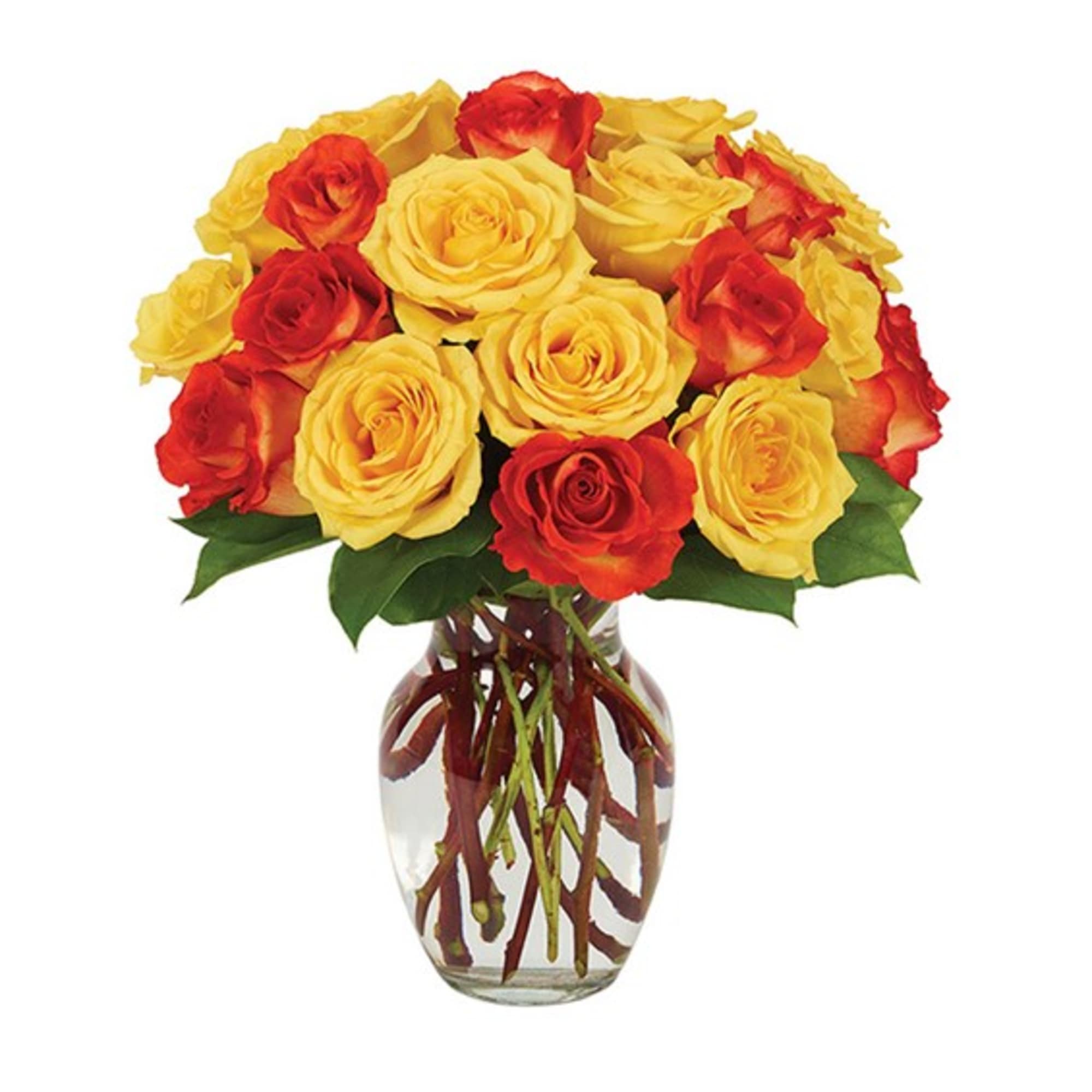 Bouquet of yellow and red roses in a clear glass vase