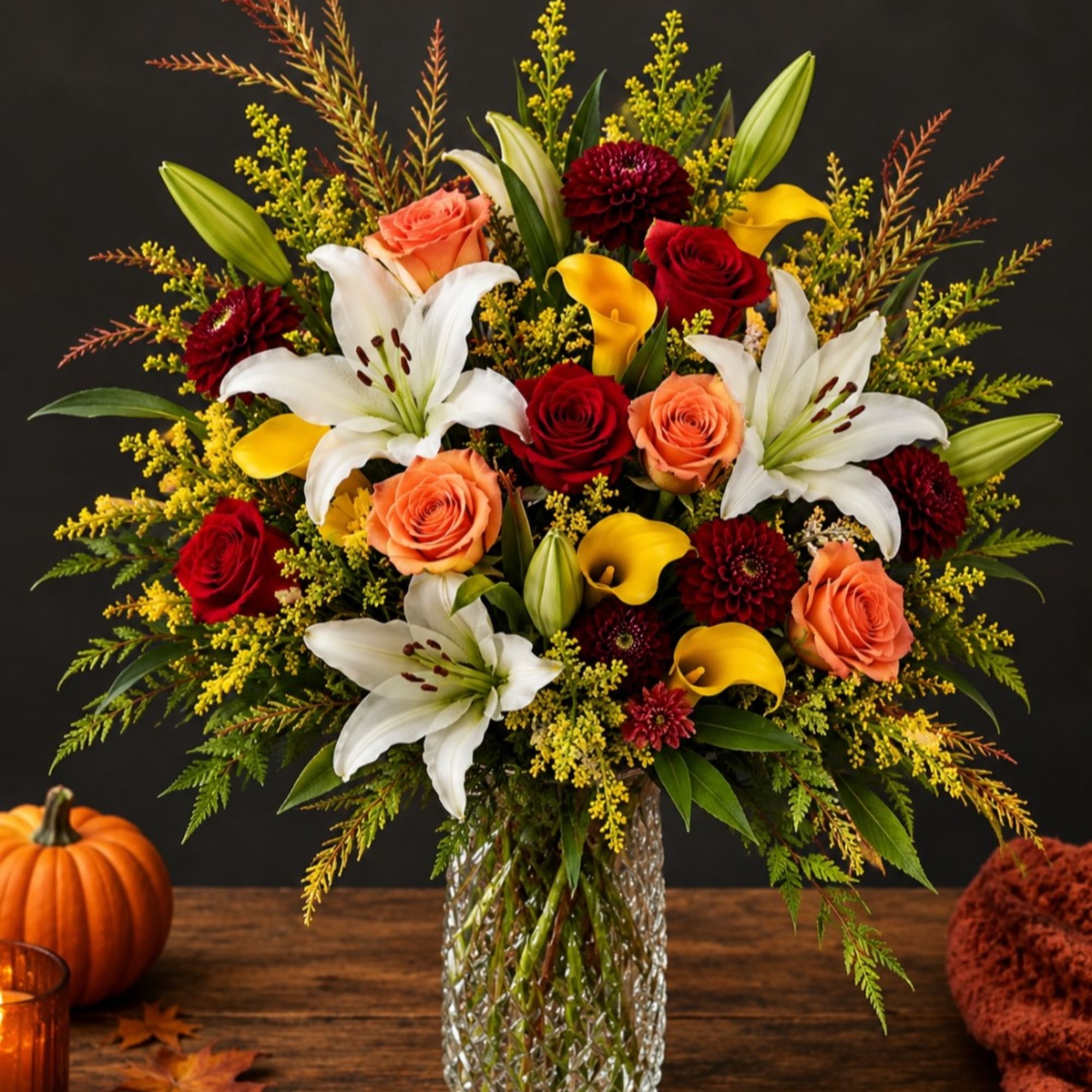 Mixed bouquet of roses, lilies, and calla lilies in a glass vase