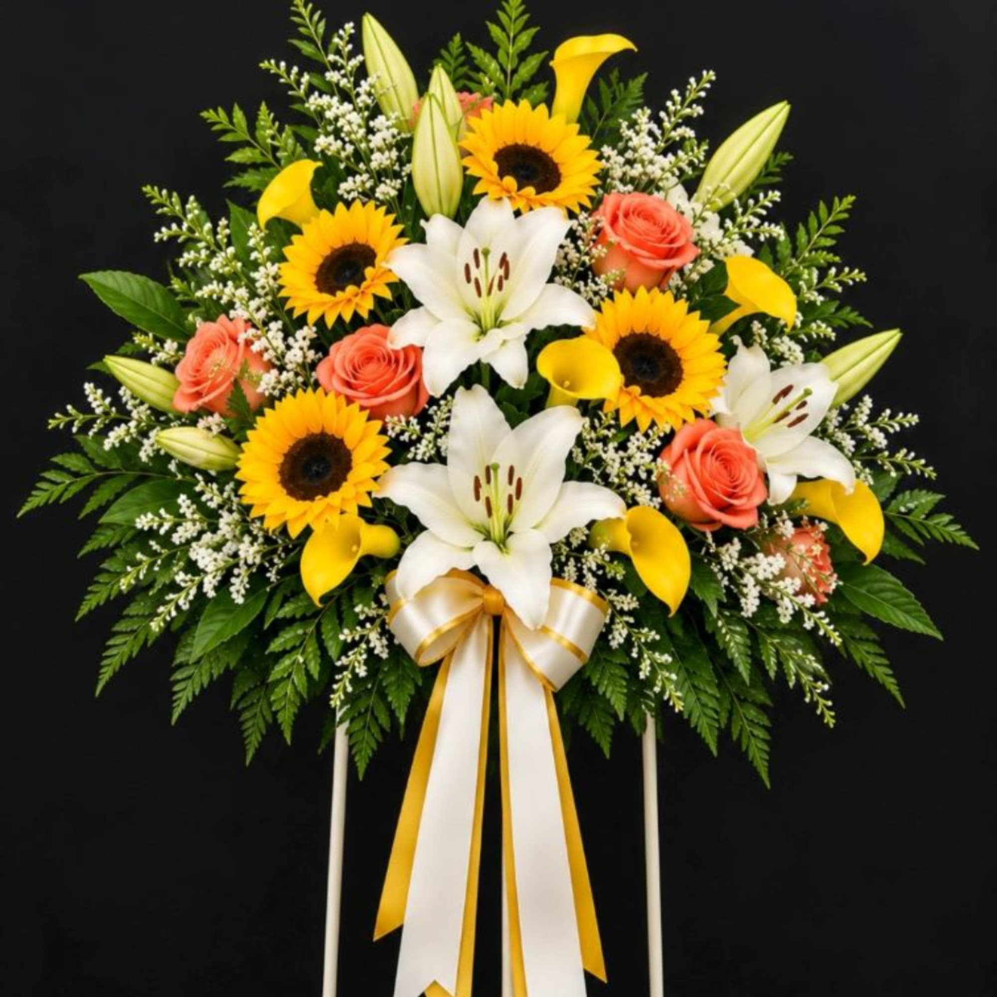 Standing floral spray with sunflowers, white lilies, and coral roses on a black background