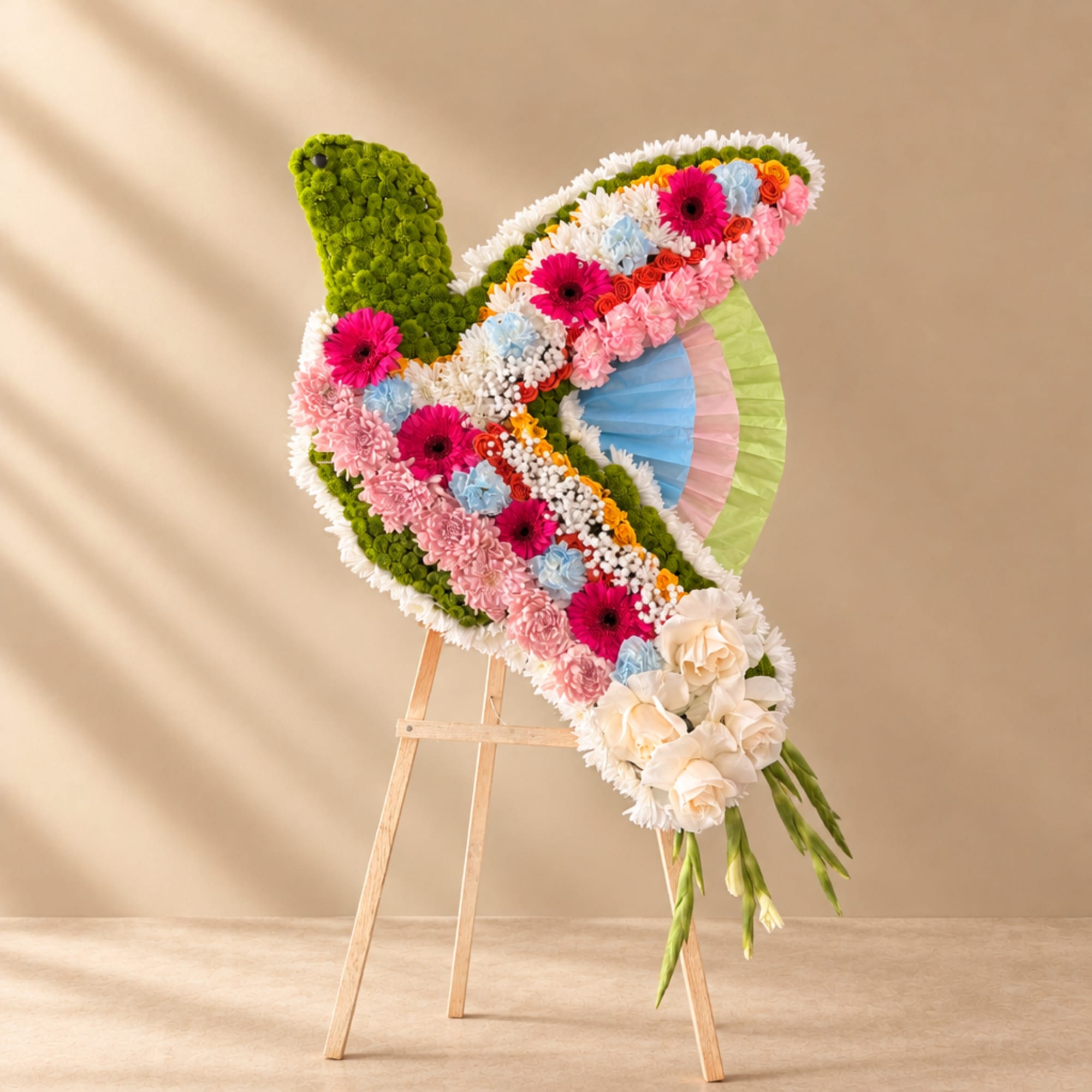 Colorful floral arrangement shaped like a butterfly on a wooden easel
