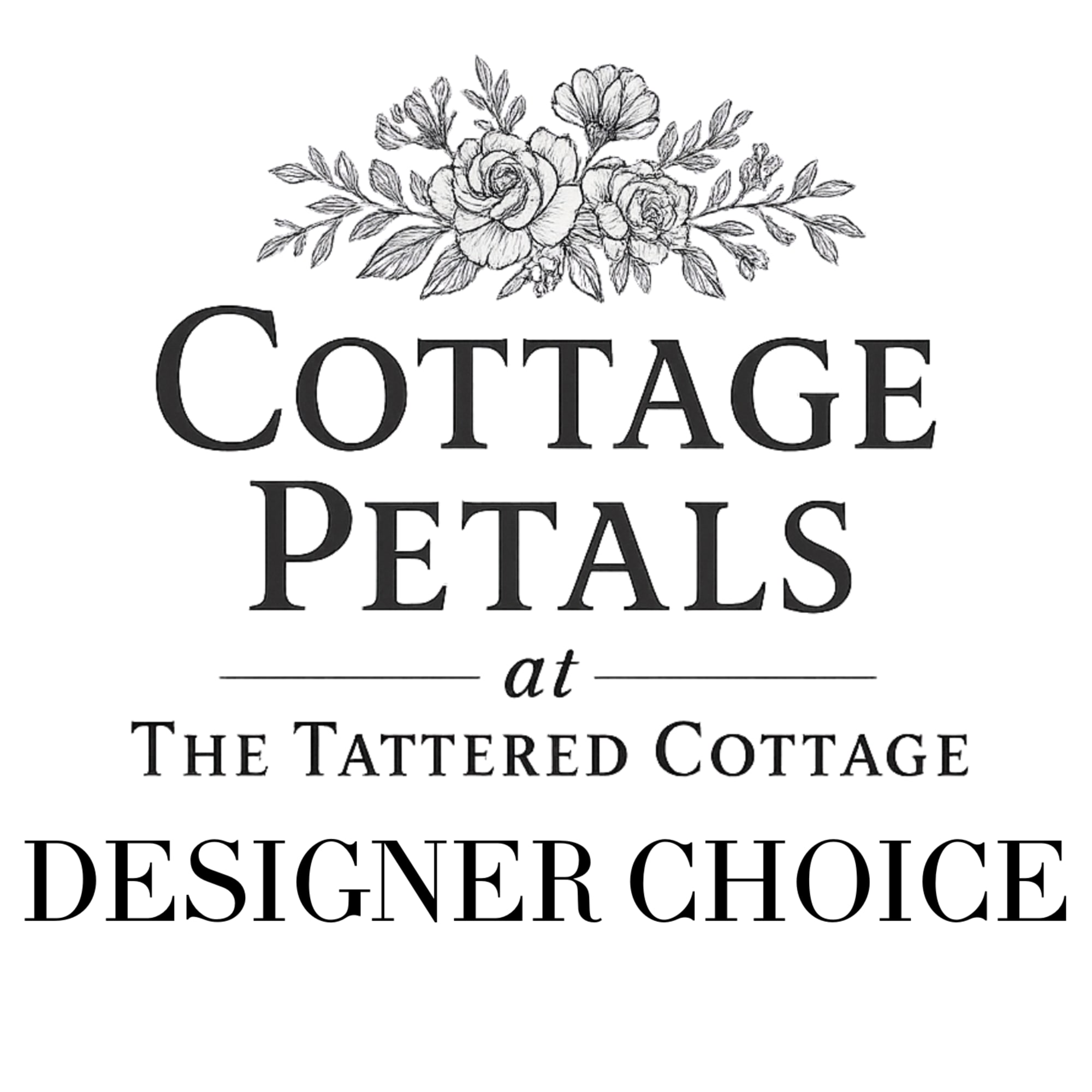 Black-and-white designer choice floral logo with cottage-style text