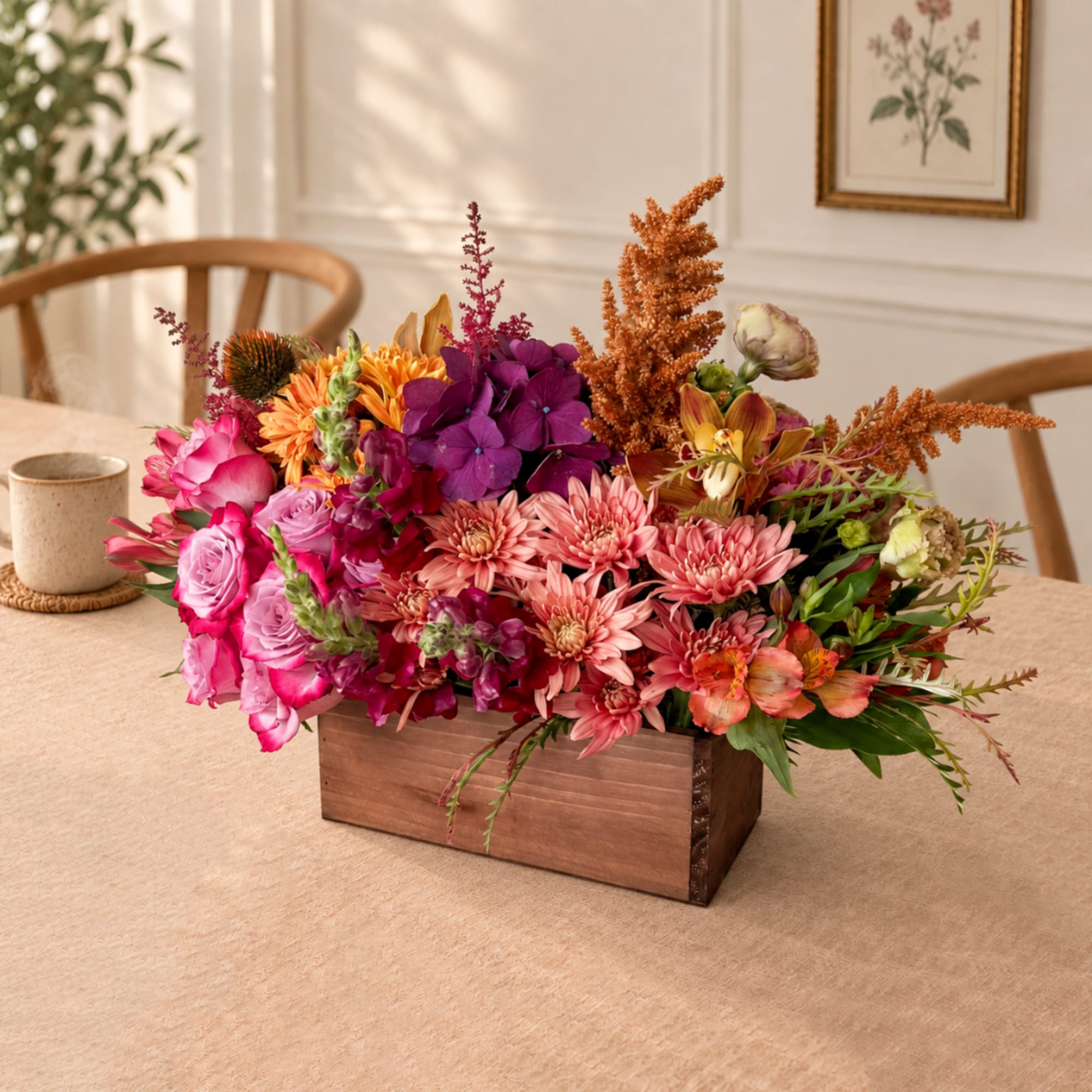 Mixed floral arrangement in a wooden box with pink, purple, and orange blooms