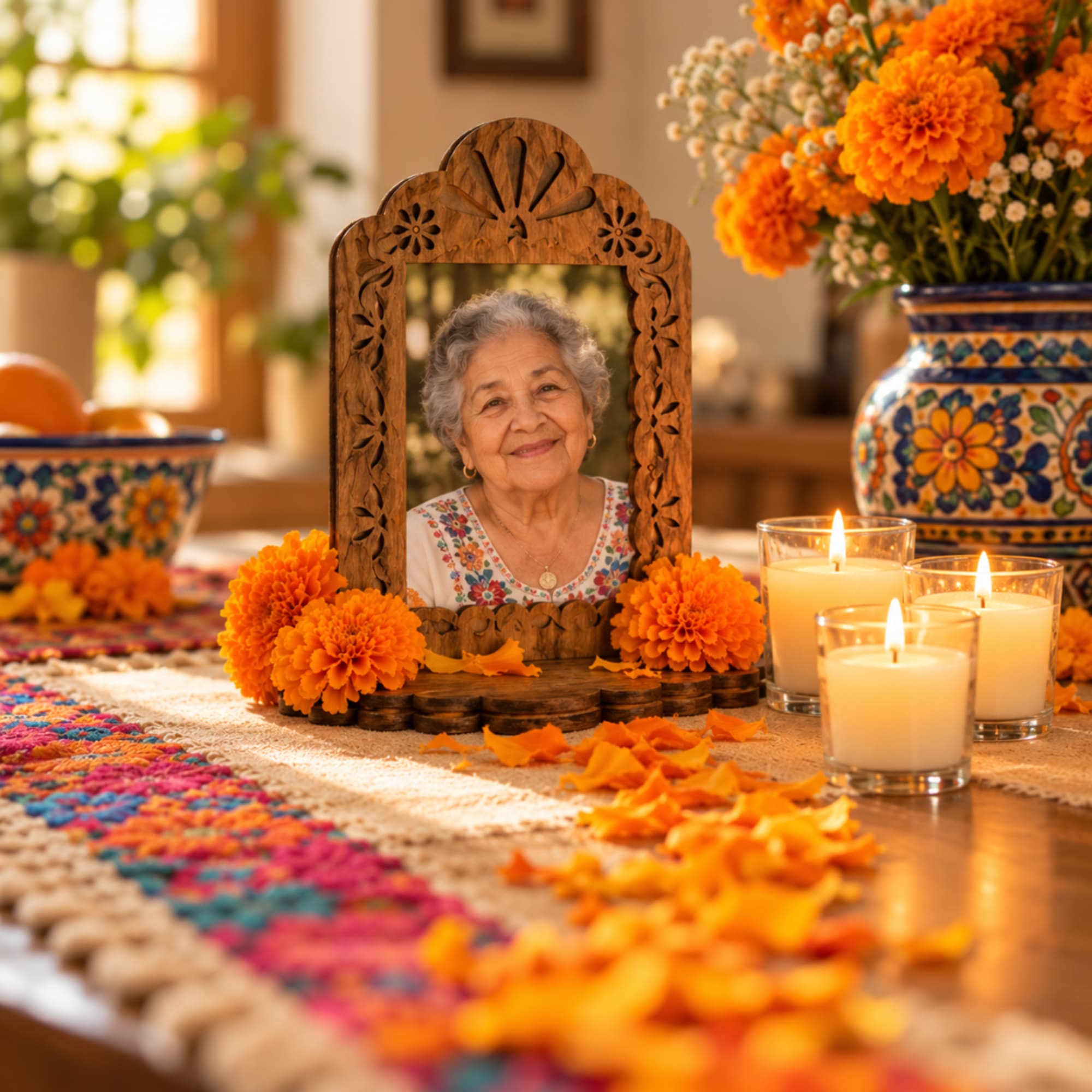 Orange marigolds and candles surround a framed portrait on a decorated table.