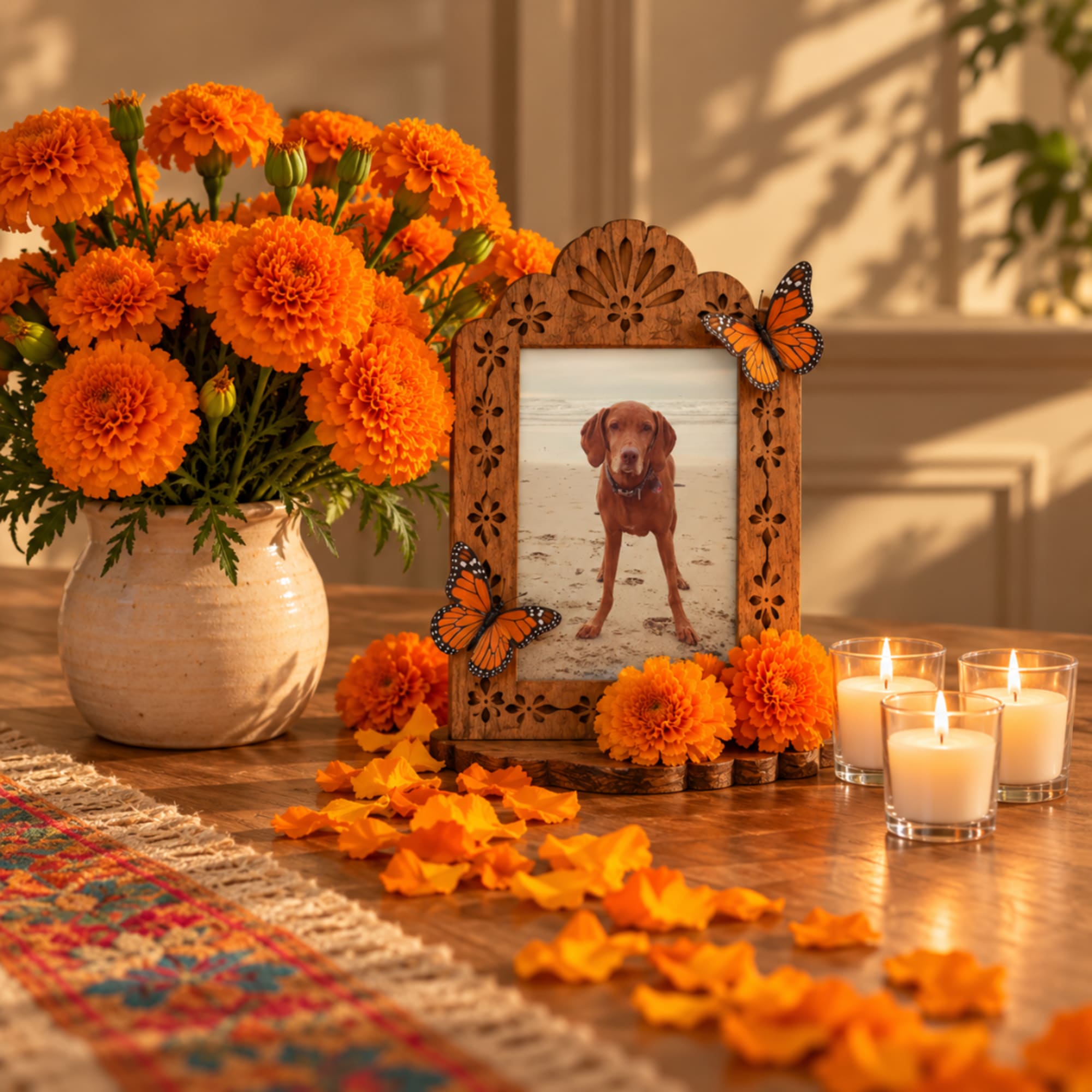 Orange marigolds in a ceramic vase beside a framed dog photo and candles