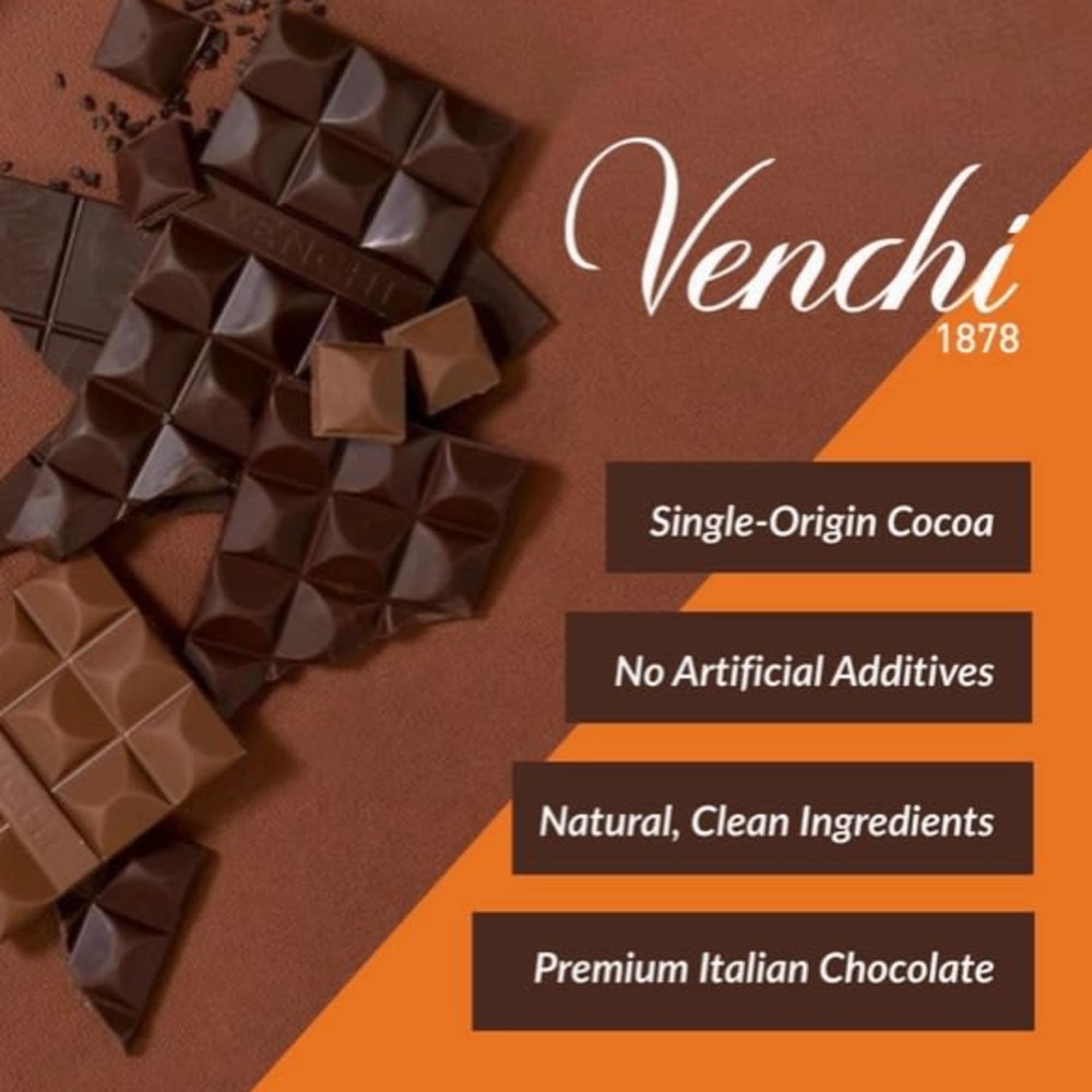 Assorted chocolate squares on a brown background with Venchi branding