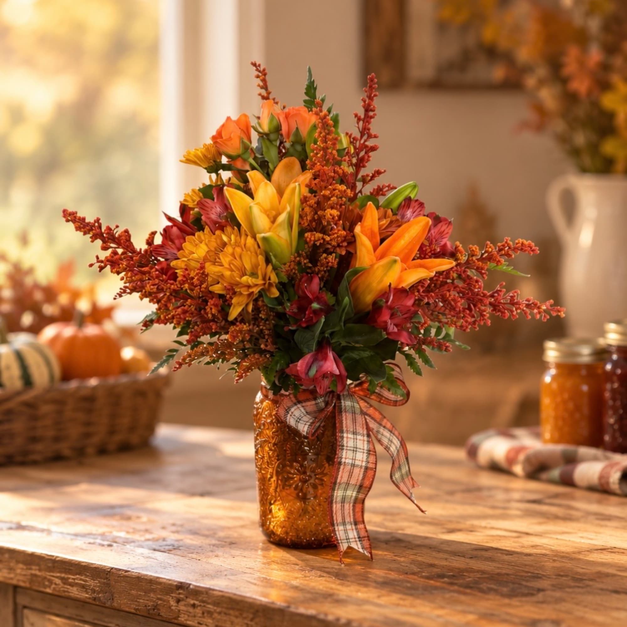 Autumn bouquet of orange and red flowers in an amber vase with plaid ribbon