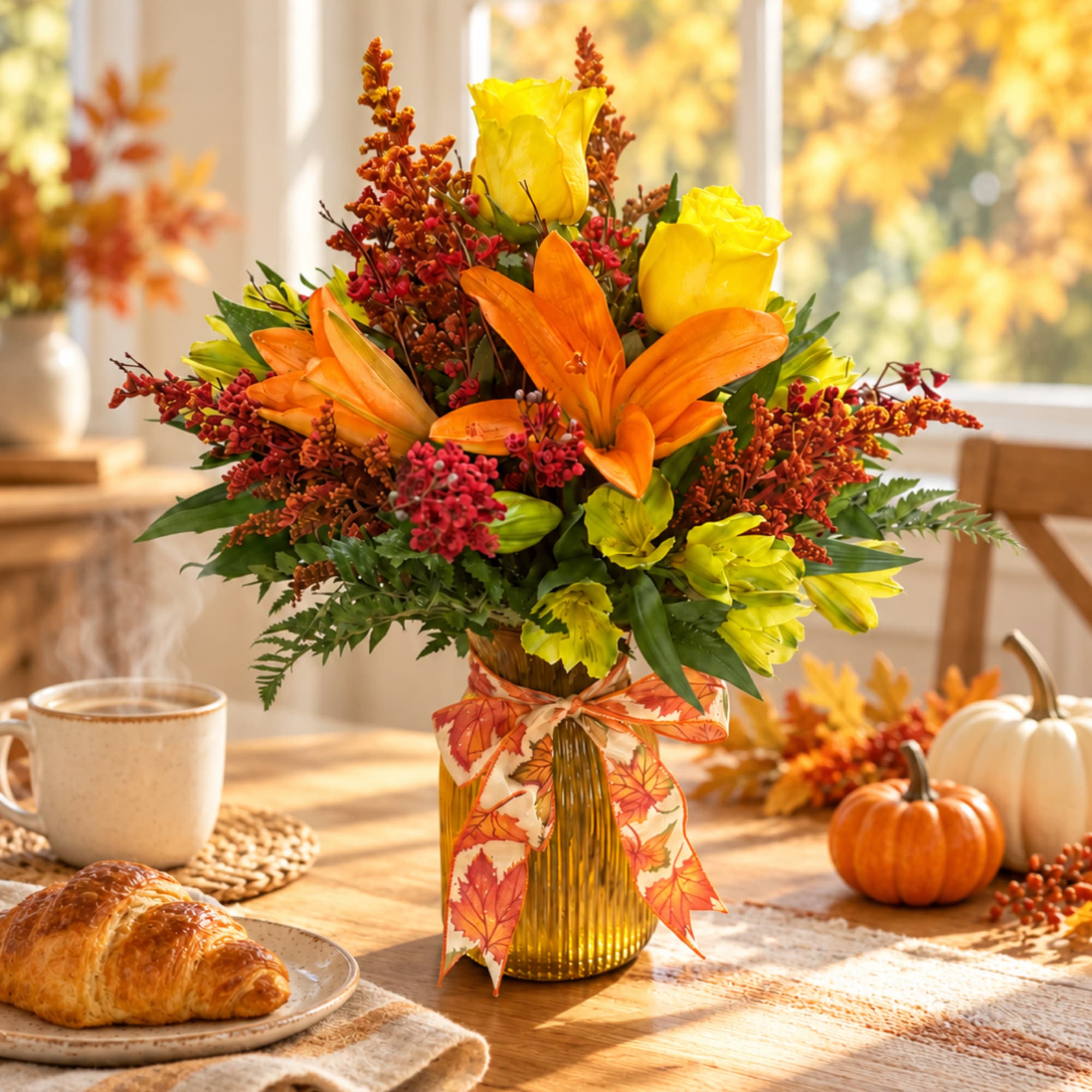 Yellow roses and orange lilies in a glass vase with a fall ribbon