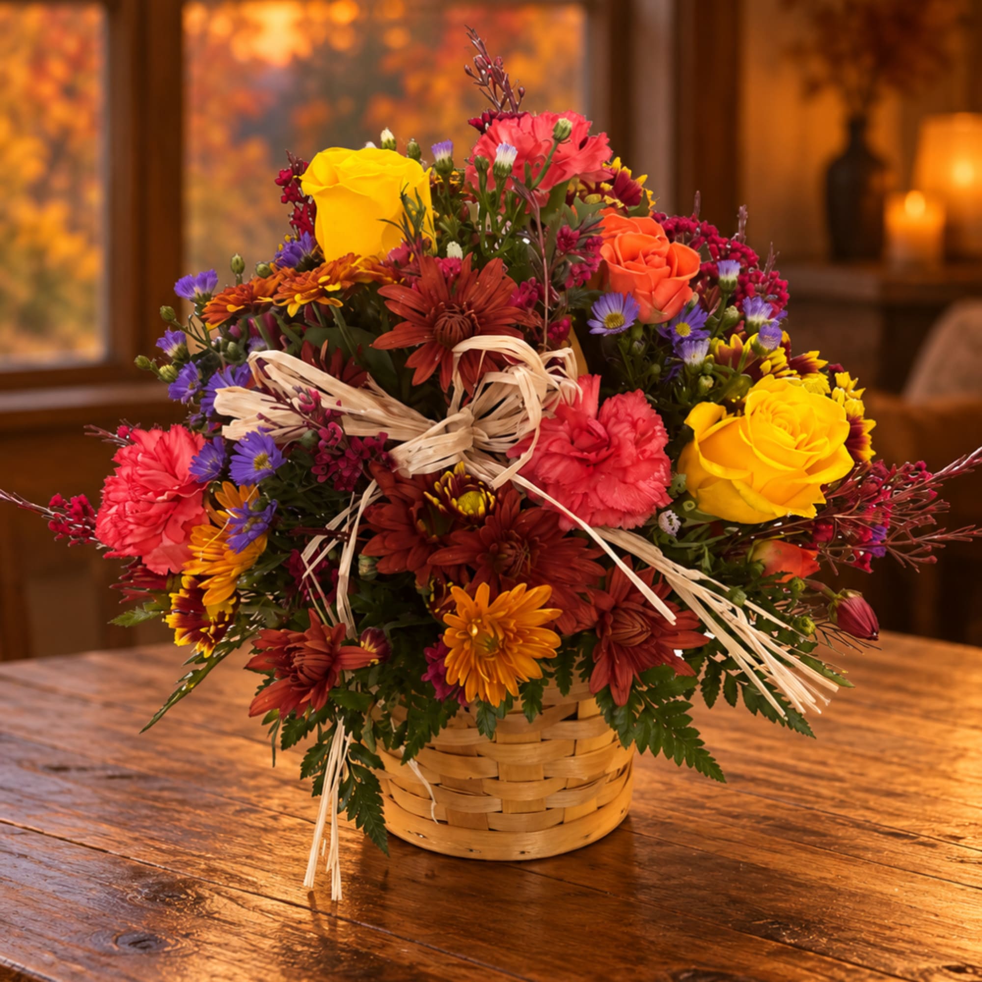 Mixed bouquet in a woven basket with bright roses and daisies