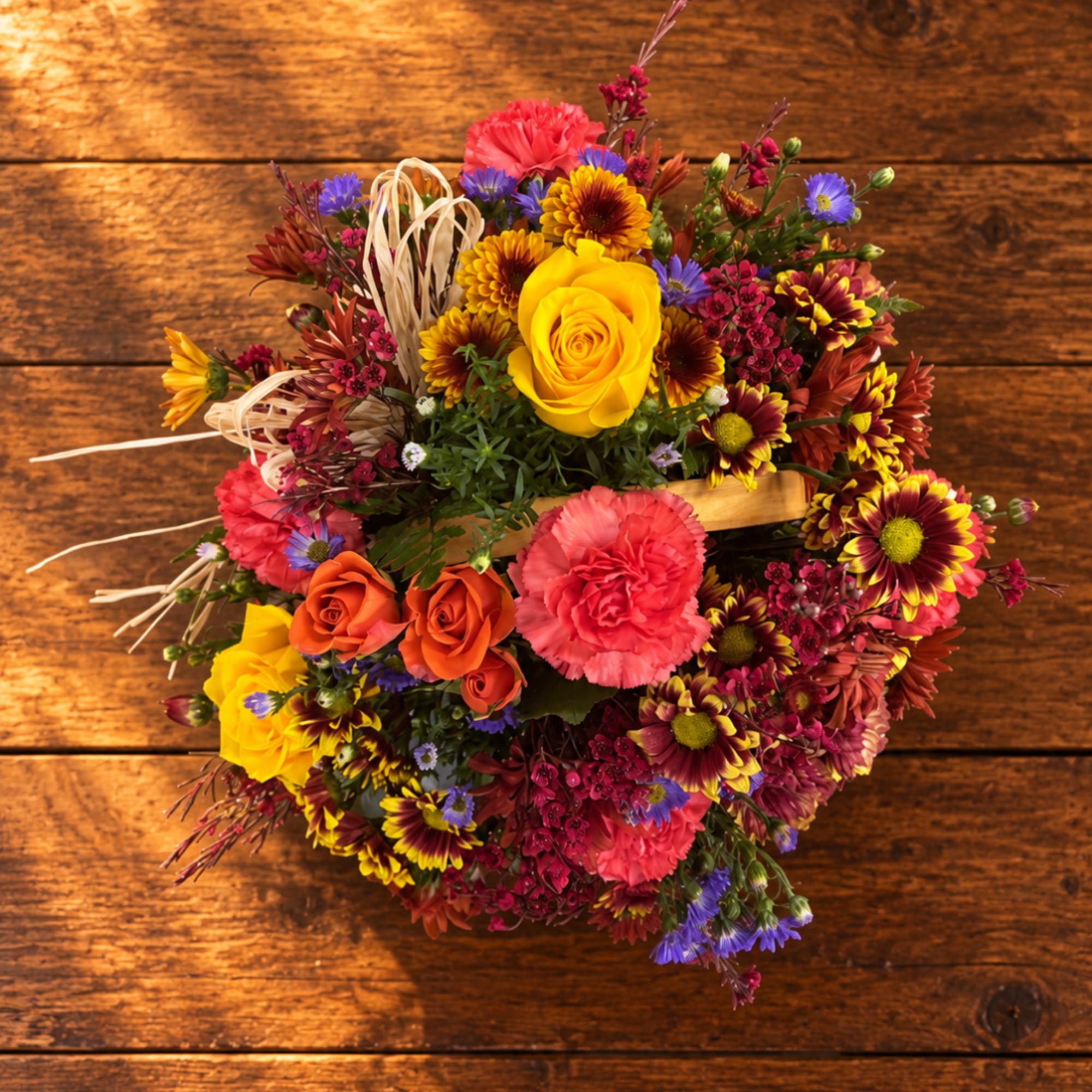 Colorful mixed bouquet with roses, carnations, and daisies on a wooden surface