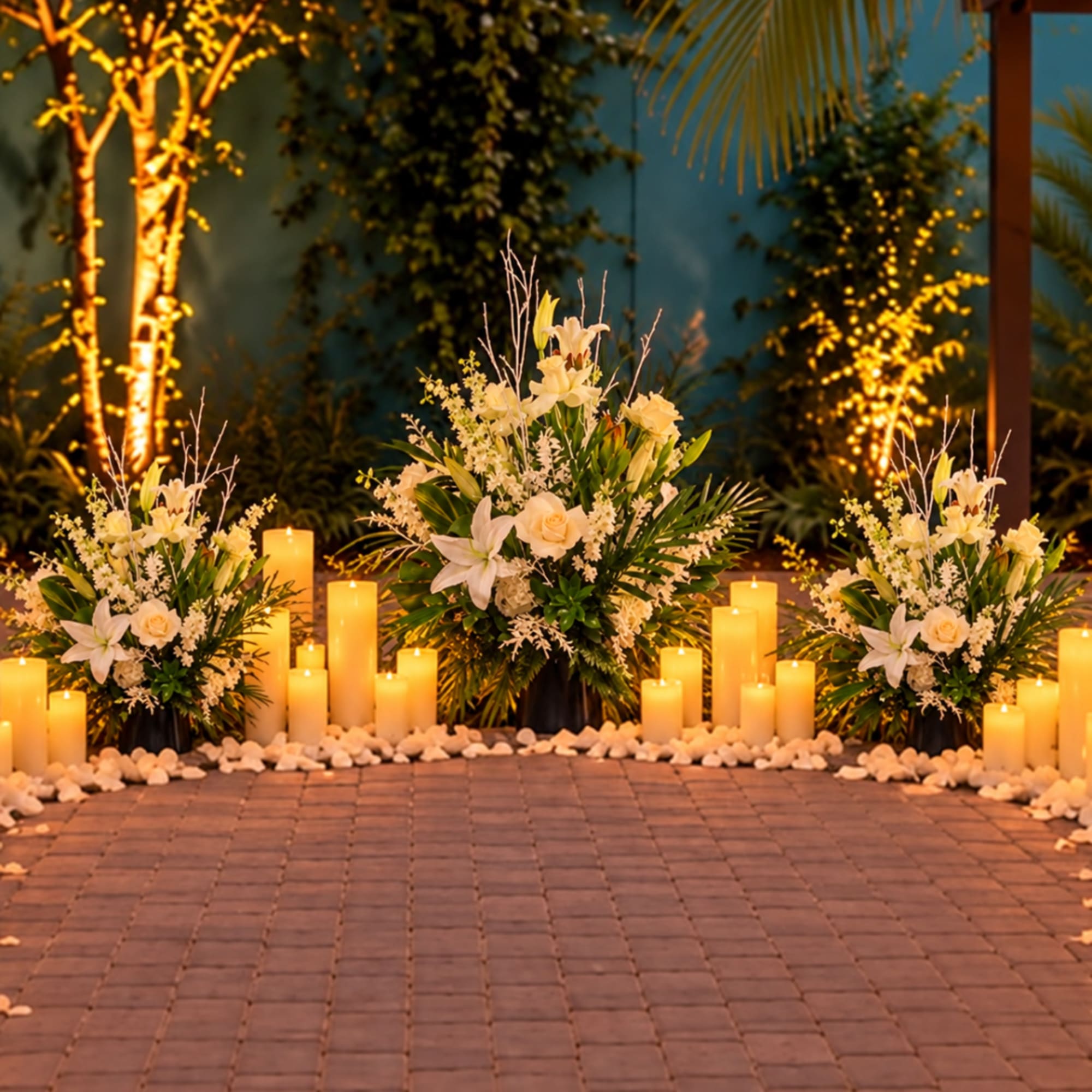 Three white floral arrangements with candles on a tiled walkway