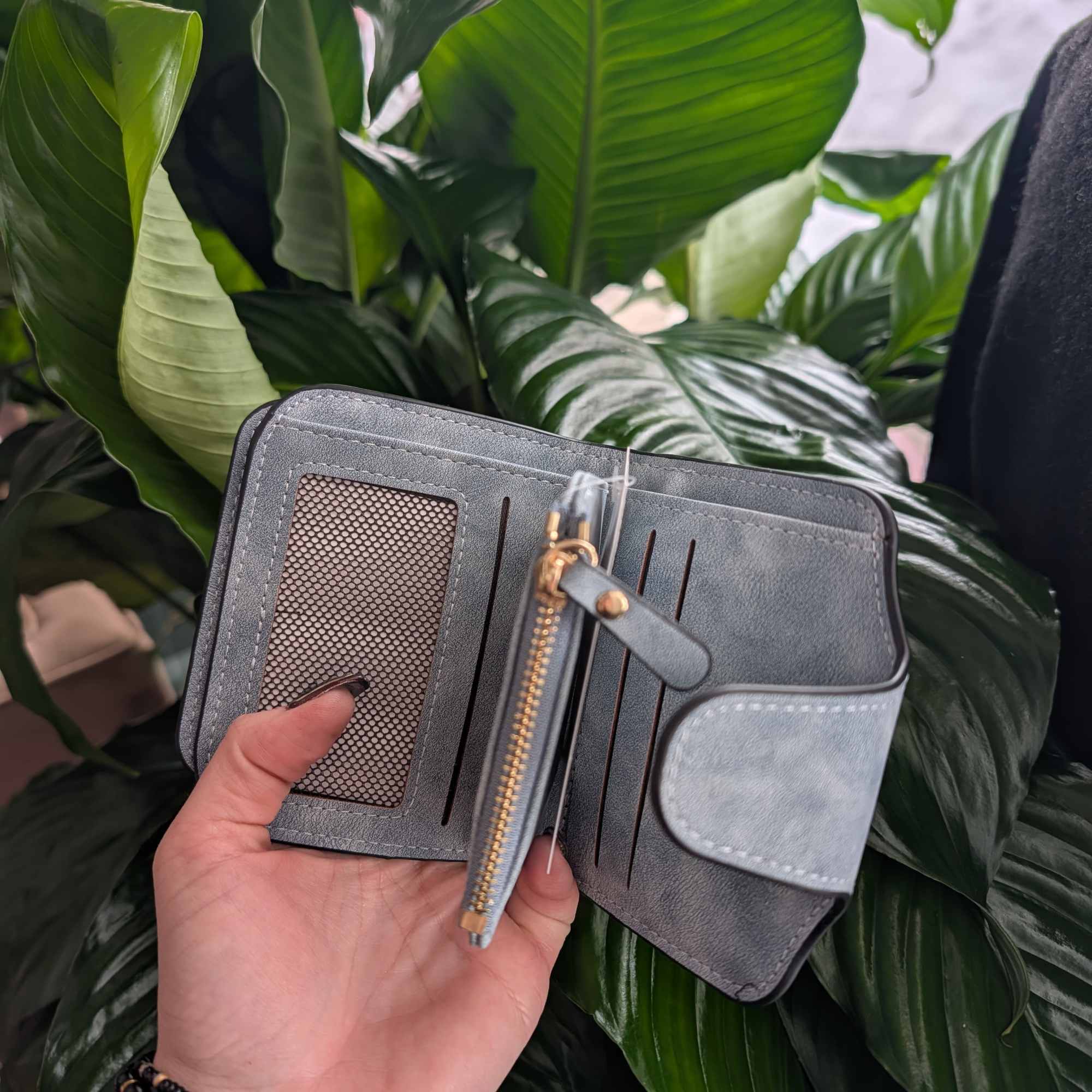 Hand holding an open gray wallet in front of large green leaves.