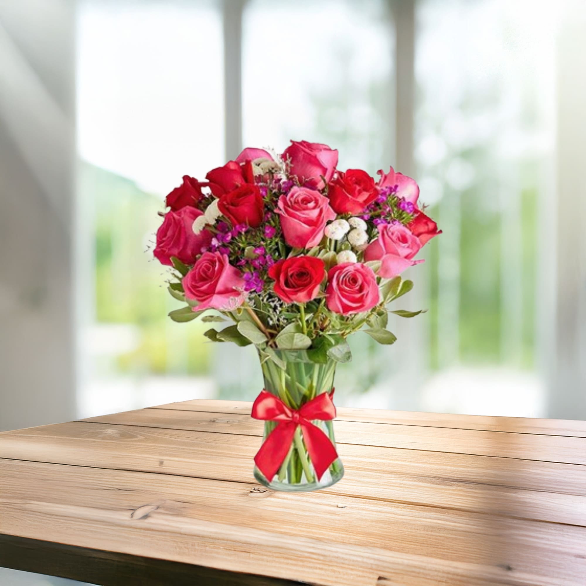 Bouquet of pink and red roses in a glass vase with a red ribbon