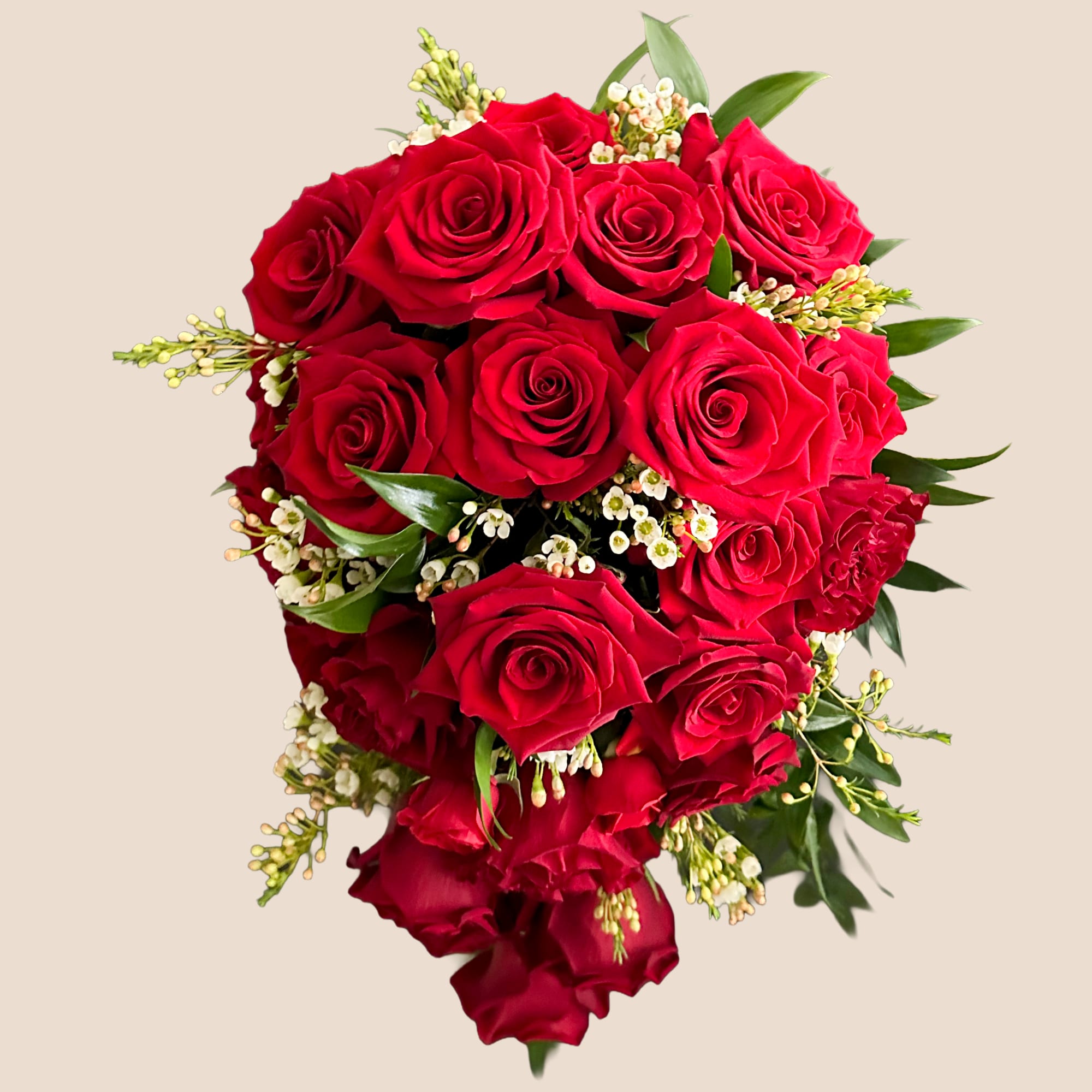 Cascade bouquet of red roses with small white filler flowers, photo 2 of 2
