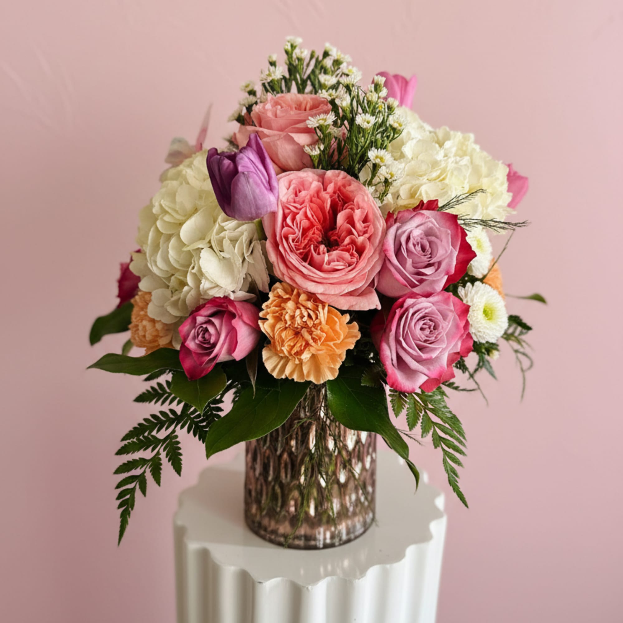 Pink roses and soft pastels take center stage in this rounded, full, photo 2 of 2