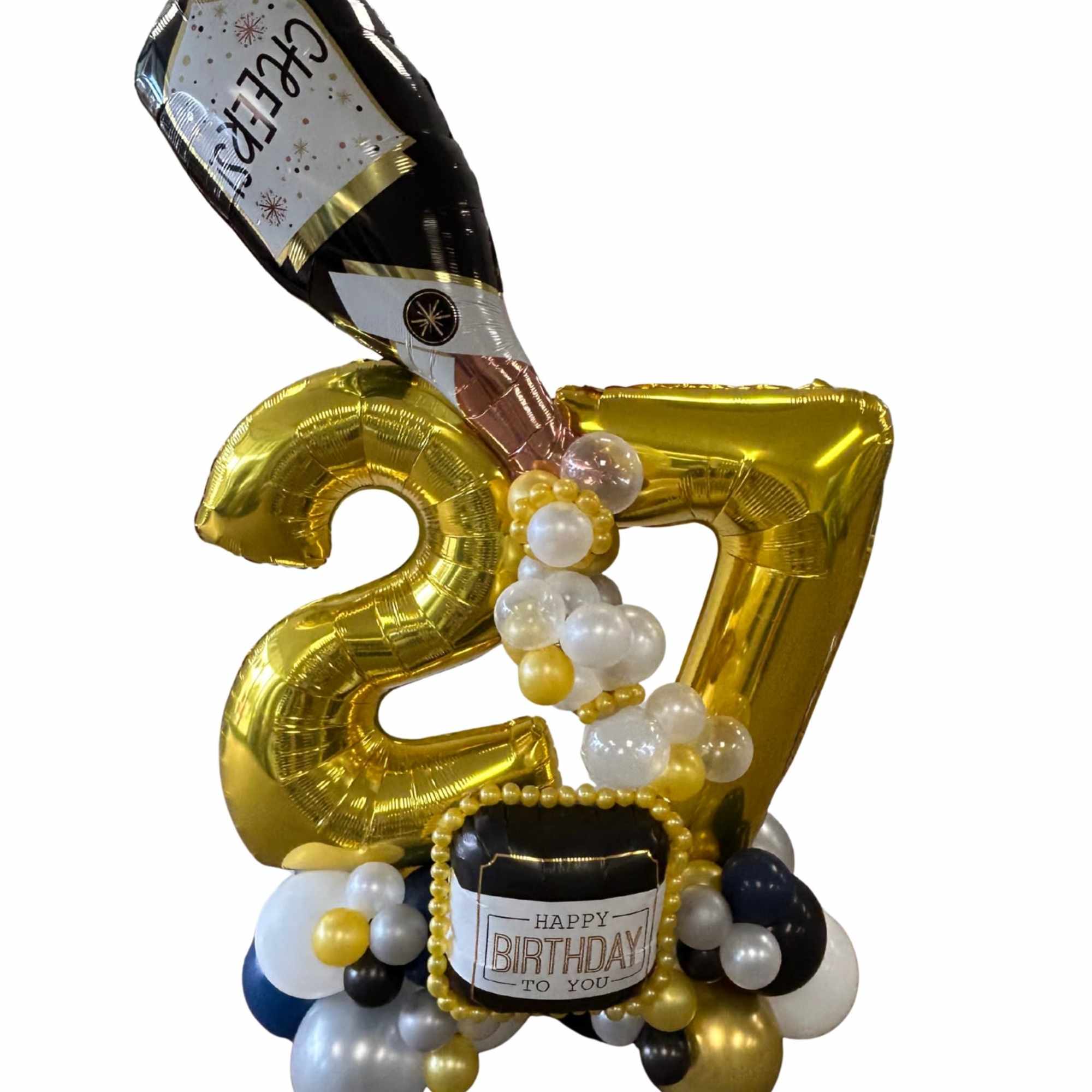 Gold 27 balloon display with champagne bottle and birthday balloons