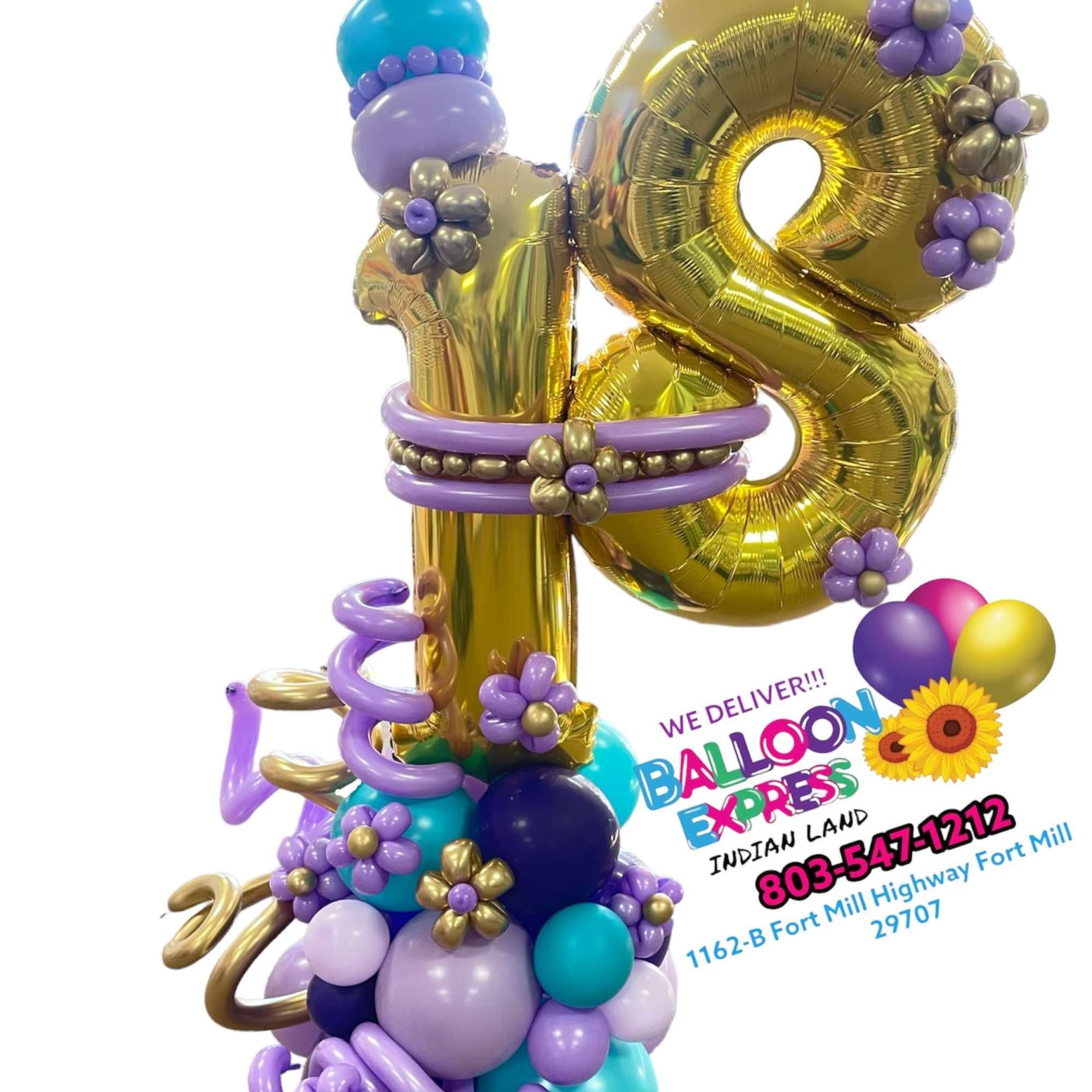 Gold balloon number 18 with purple and blue balloon decorations