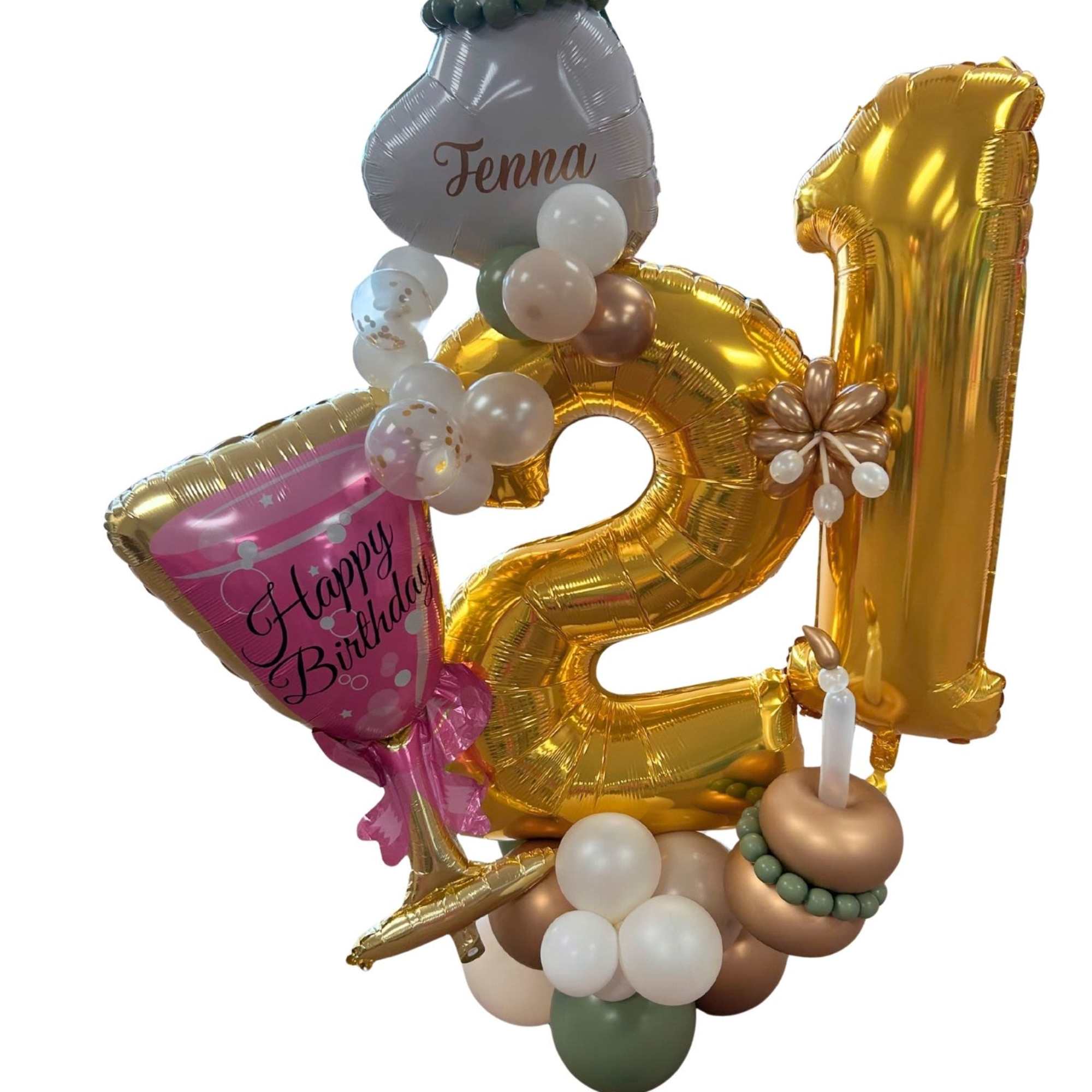 Birthday balloon arrangement with gold number 21 balloons and pink accents