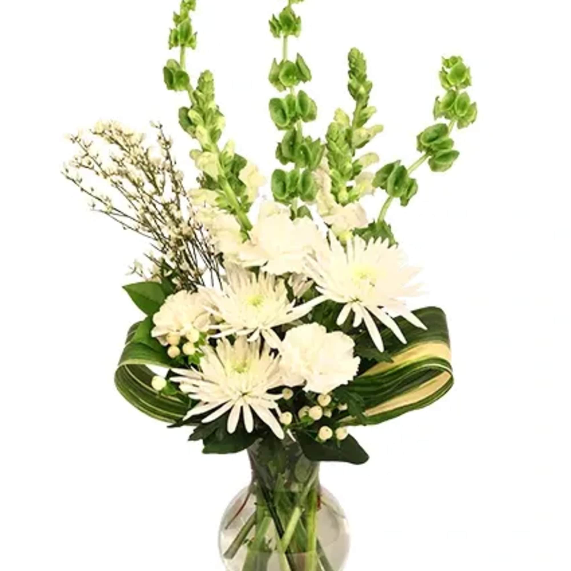 This delicate arrangement is full of grace! With elegant white carnations, spider