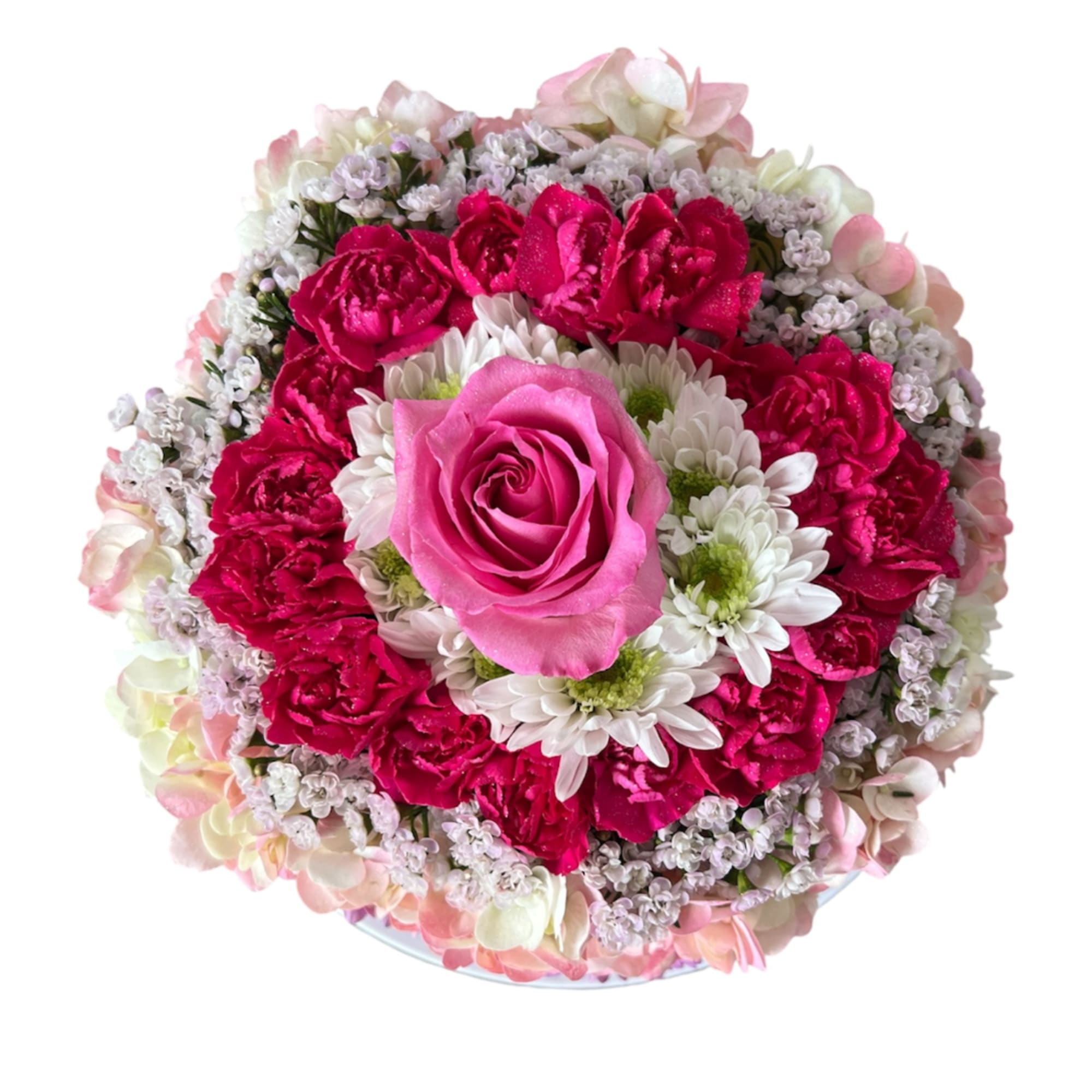 Round bouquet of pink roses, carnations, and white daisies