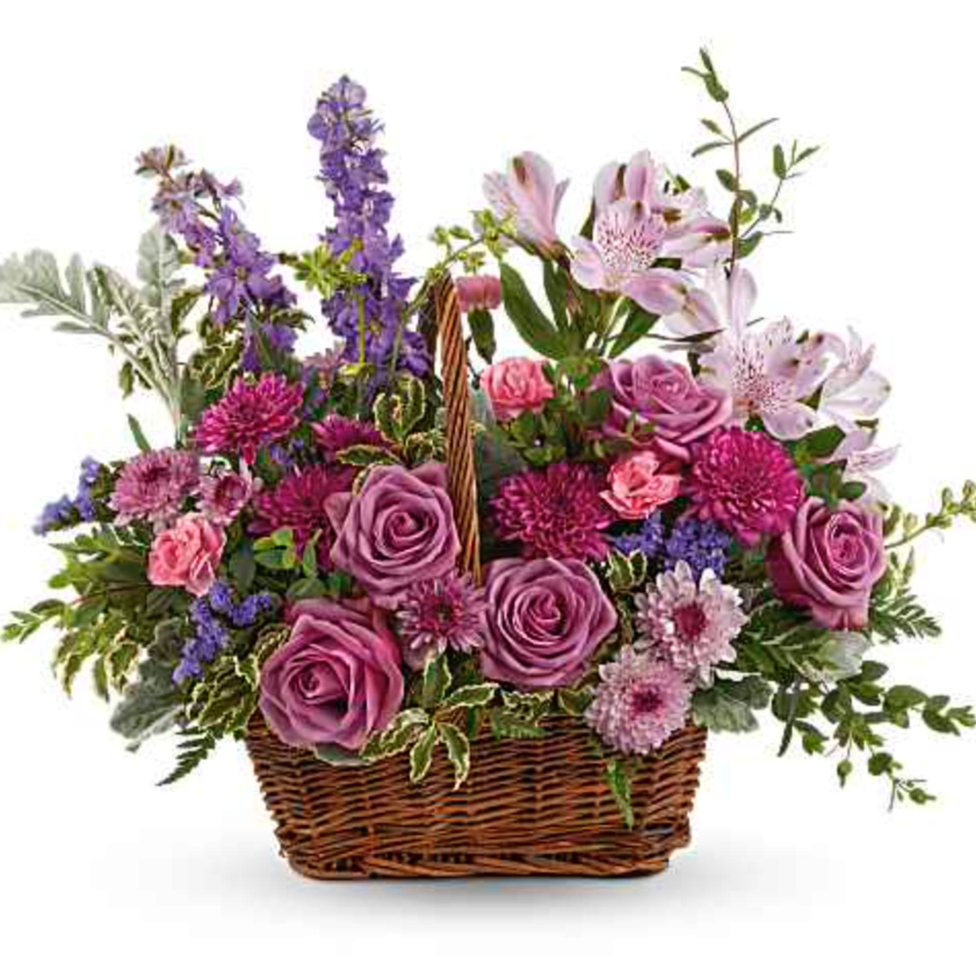 This lush lavender rose arrangement is a basket of beauty to brighten