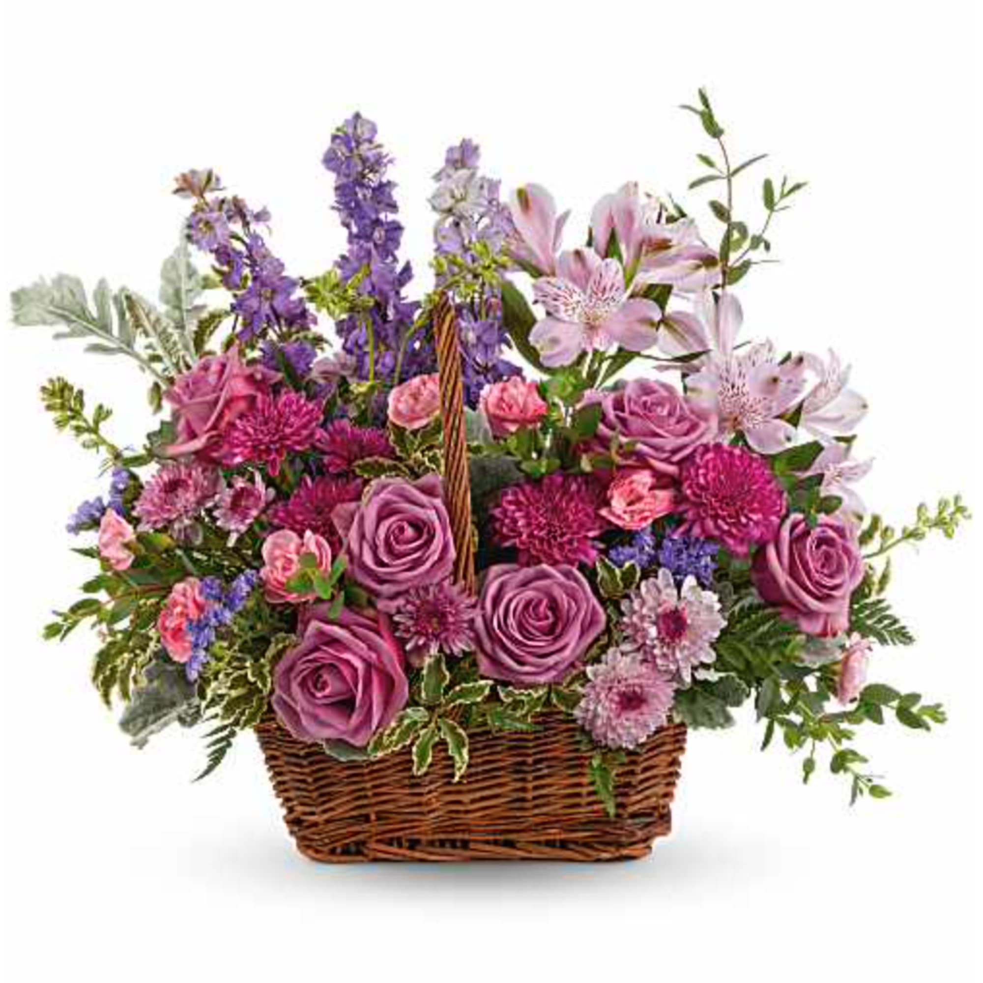 This lush lavender rose arrangement is a basket of beauty to brighten