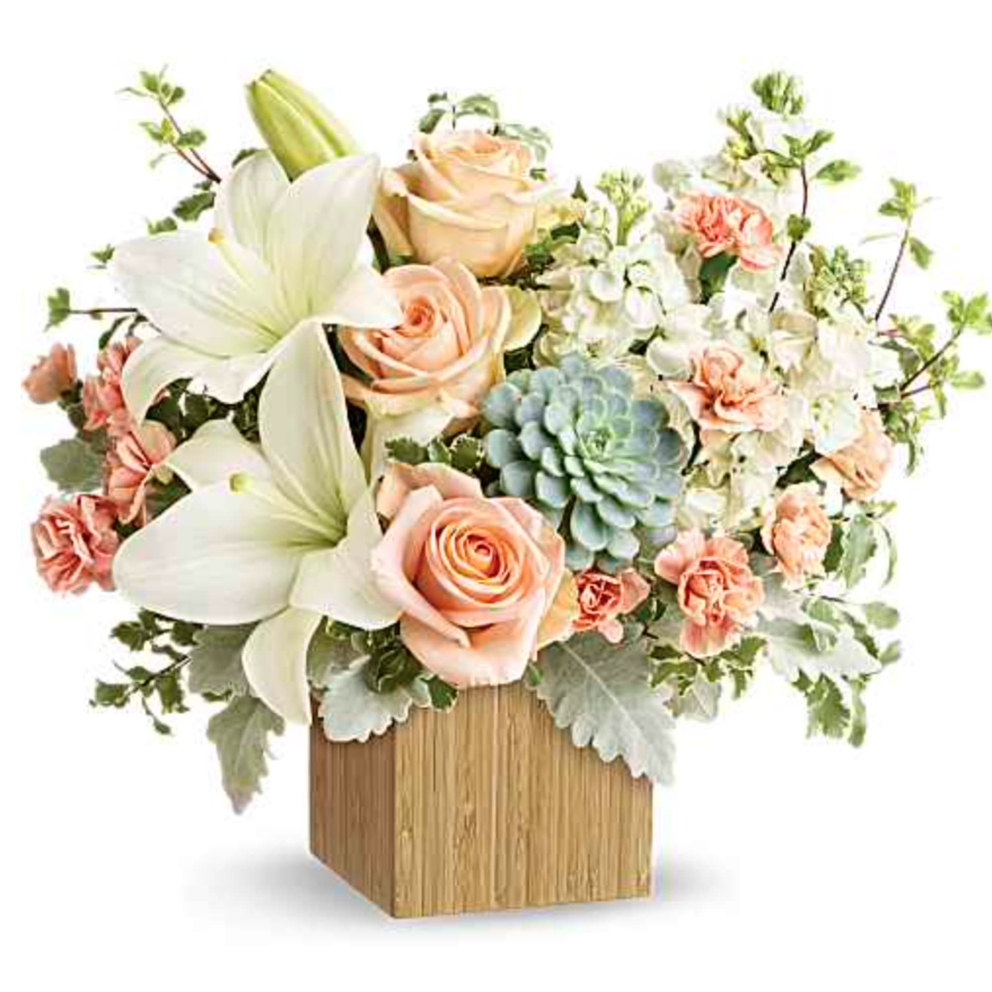 Peaceful yet energizing, this unforgettable arrangement of desert-hued blooms and succulents in