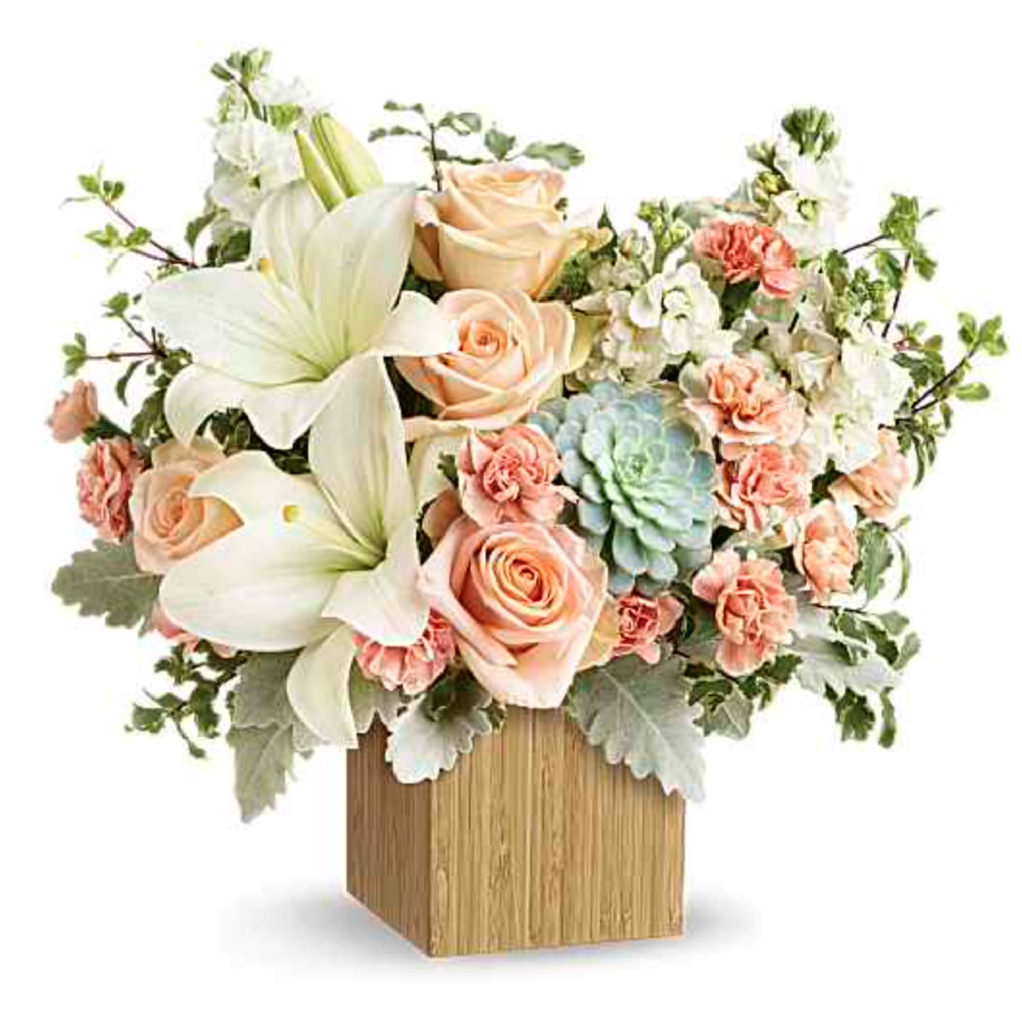Peaceful yet energizing, this unforgettable arrangement of desert-hued blooms and succulents in