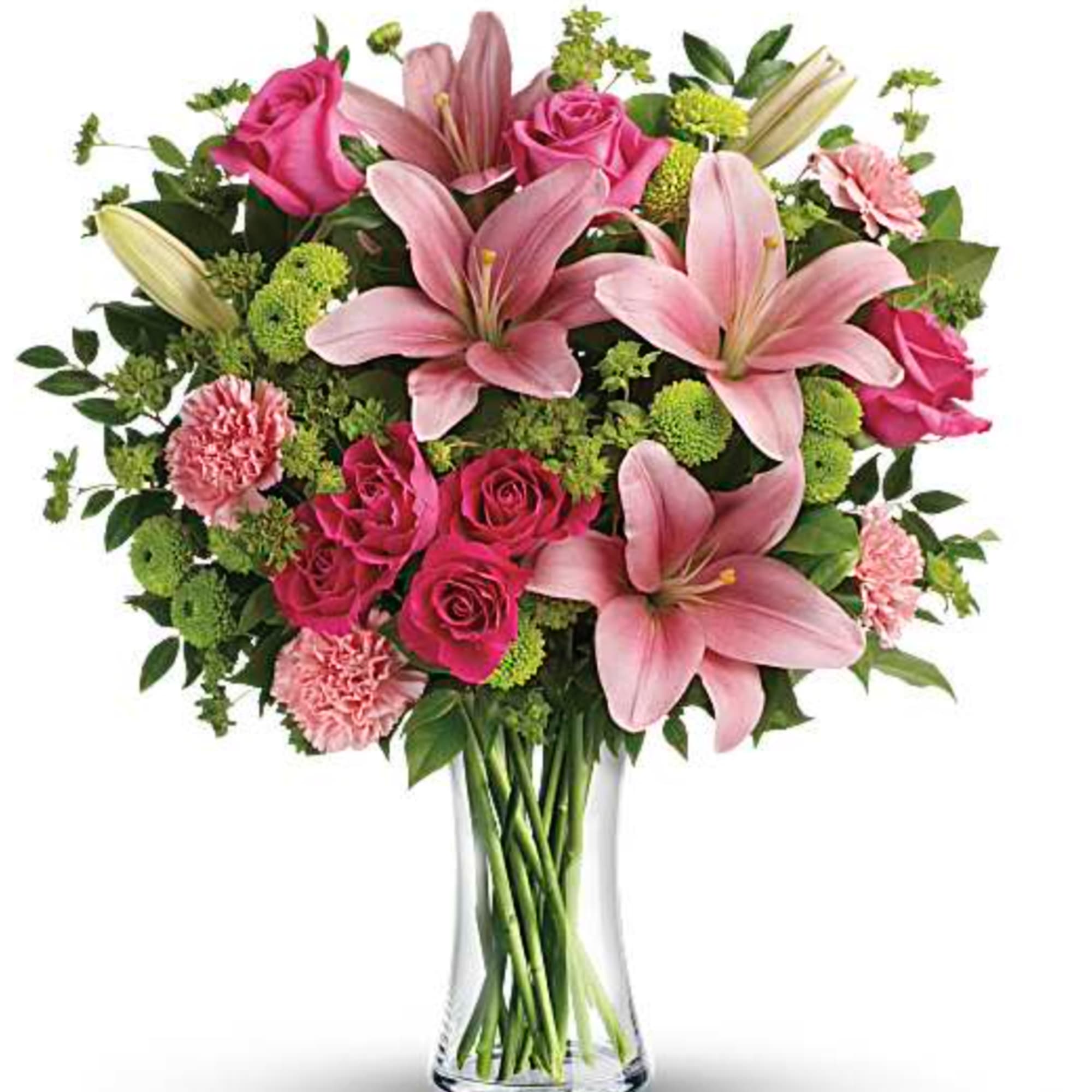 What's better than pink? More pink! This blissful bouquet of roses and