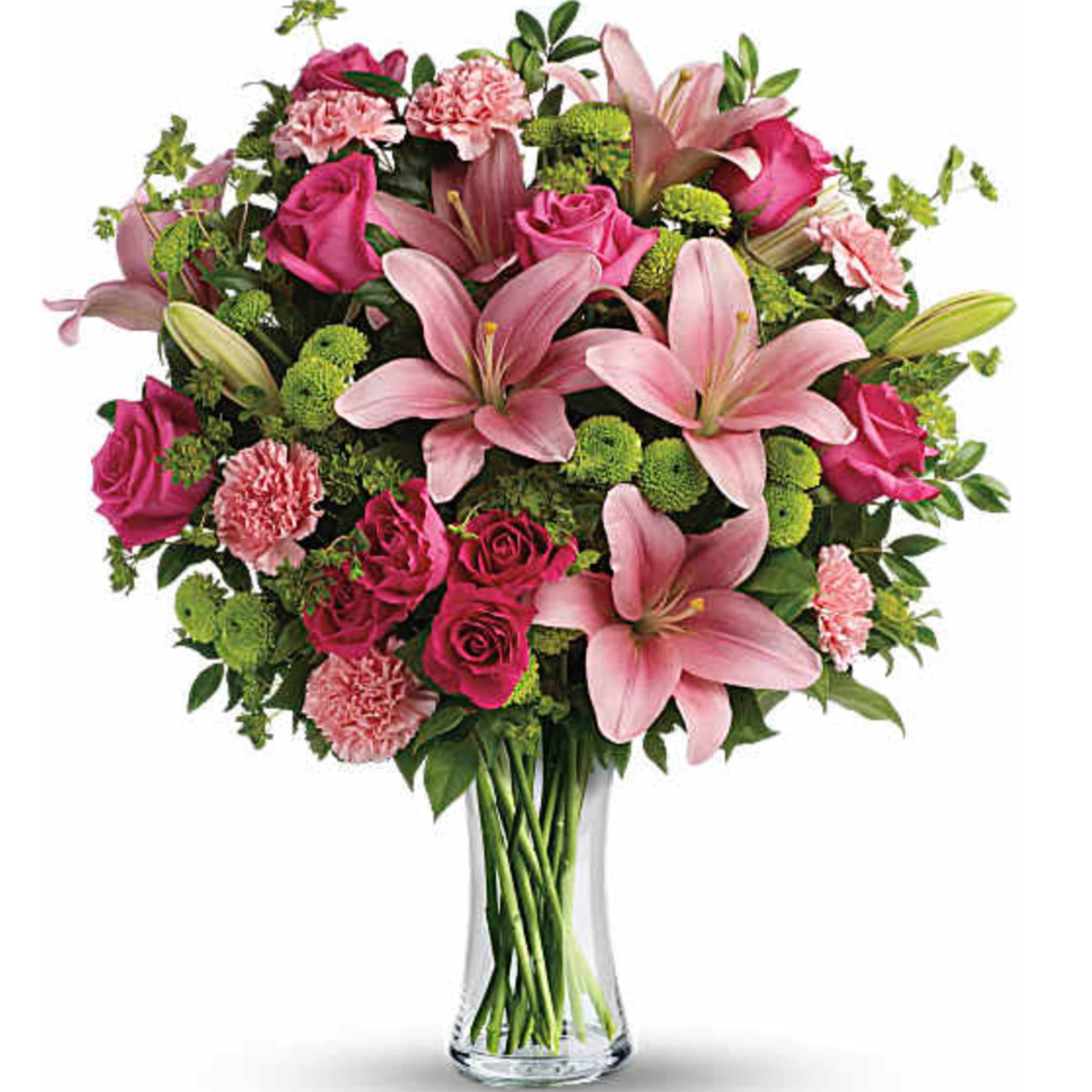 What's better than pink? More pink! This blissful bouquet of roses and