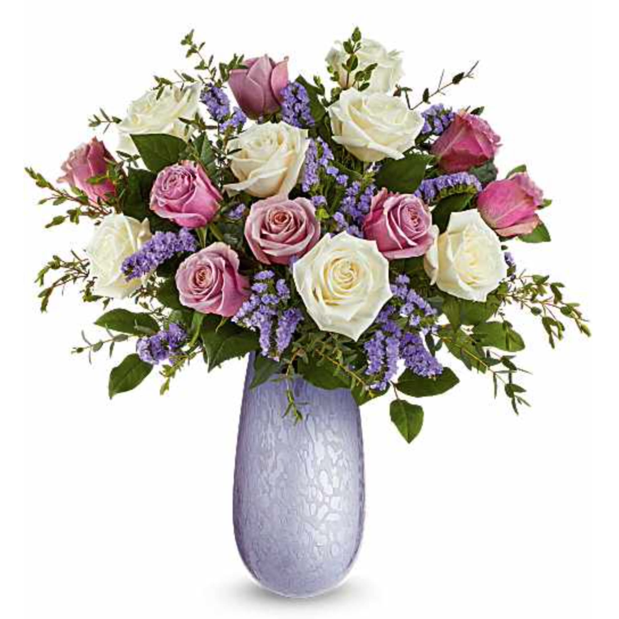 Our Marvelous Moments Bouquet features cr&egrave;me roses, lavender roses, lavender sinuata statice